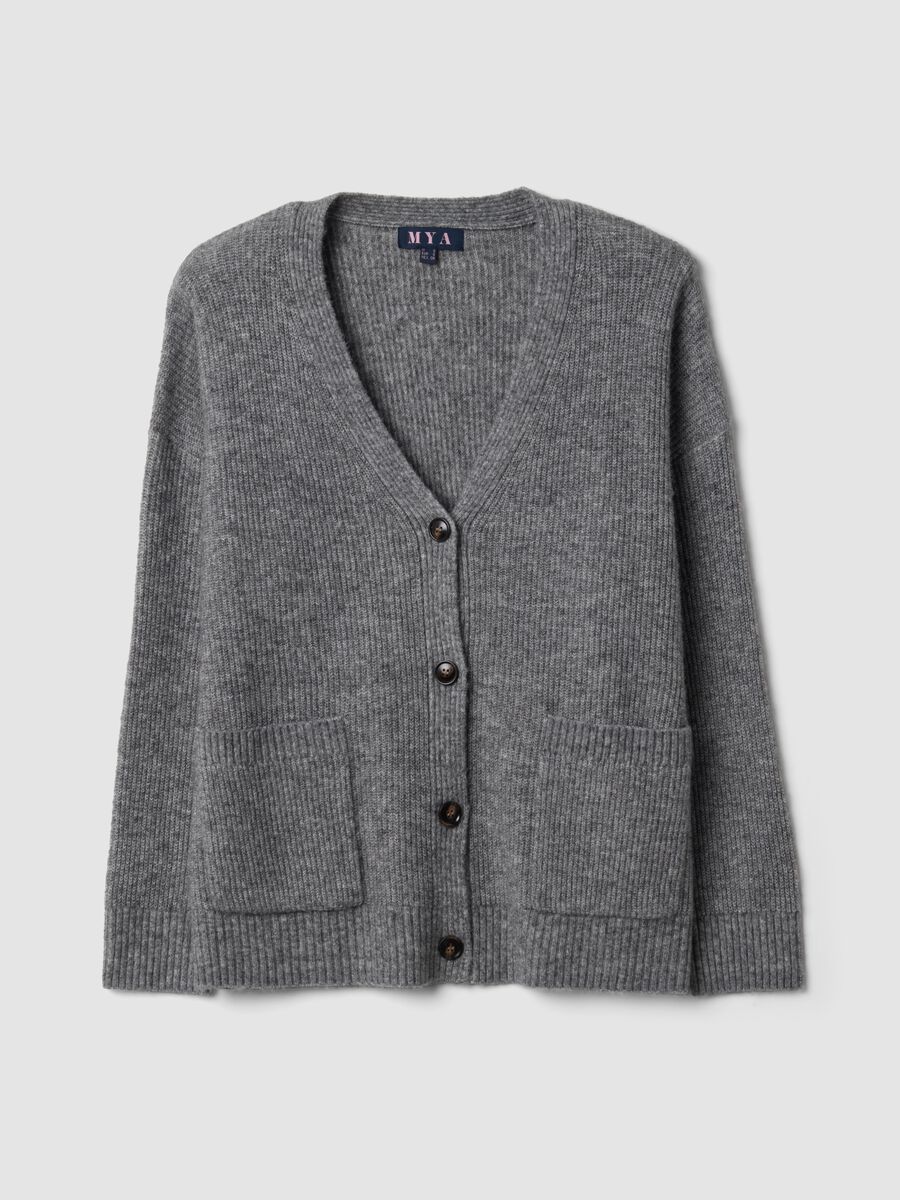 Cardigan grigio in tessuto elasticizzato con scollo profondo a V_0