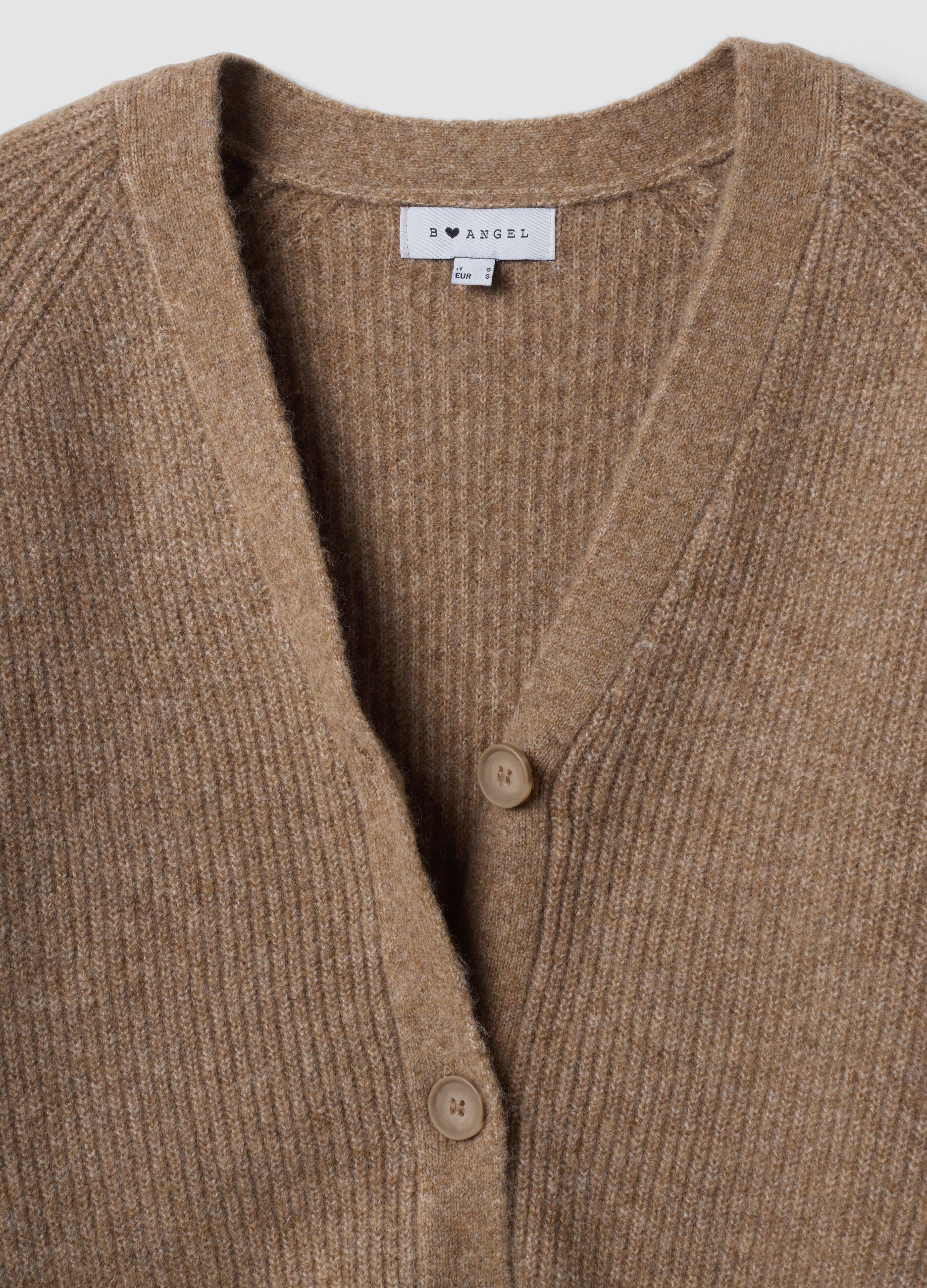 Brown stretch wool oversized cardigan with deep V-neck