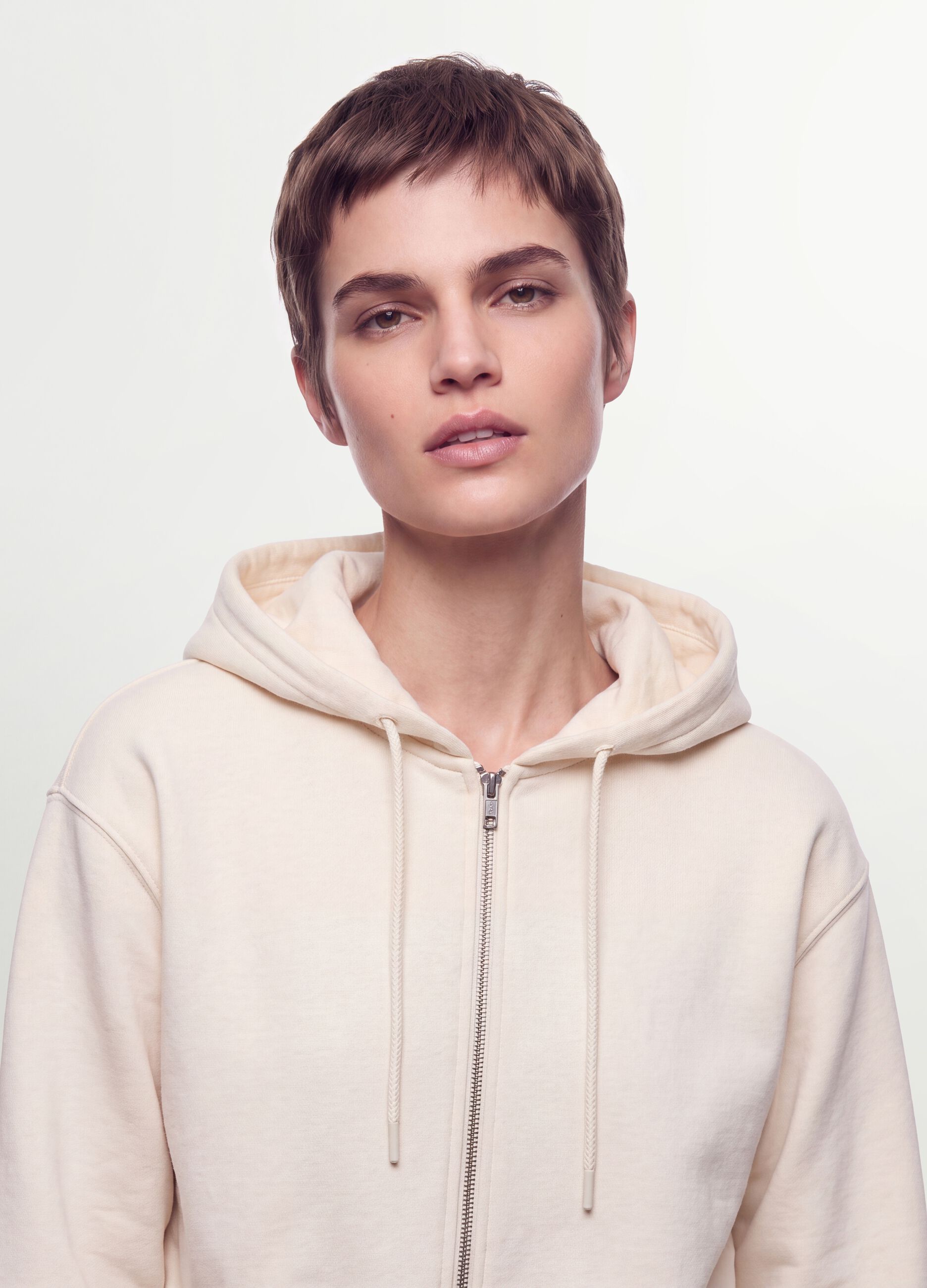 White fitted cotton-blend full-zip hoodie
