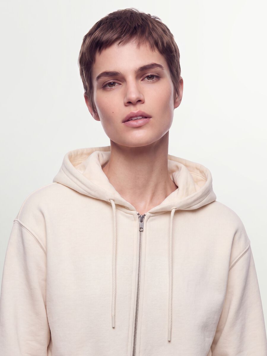 White cotton-blend fitted zip-up hoodie_1