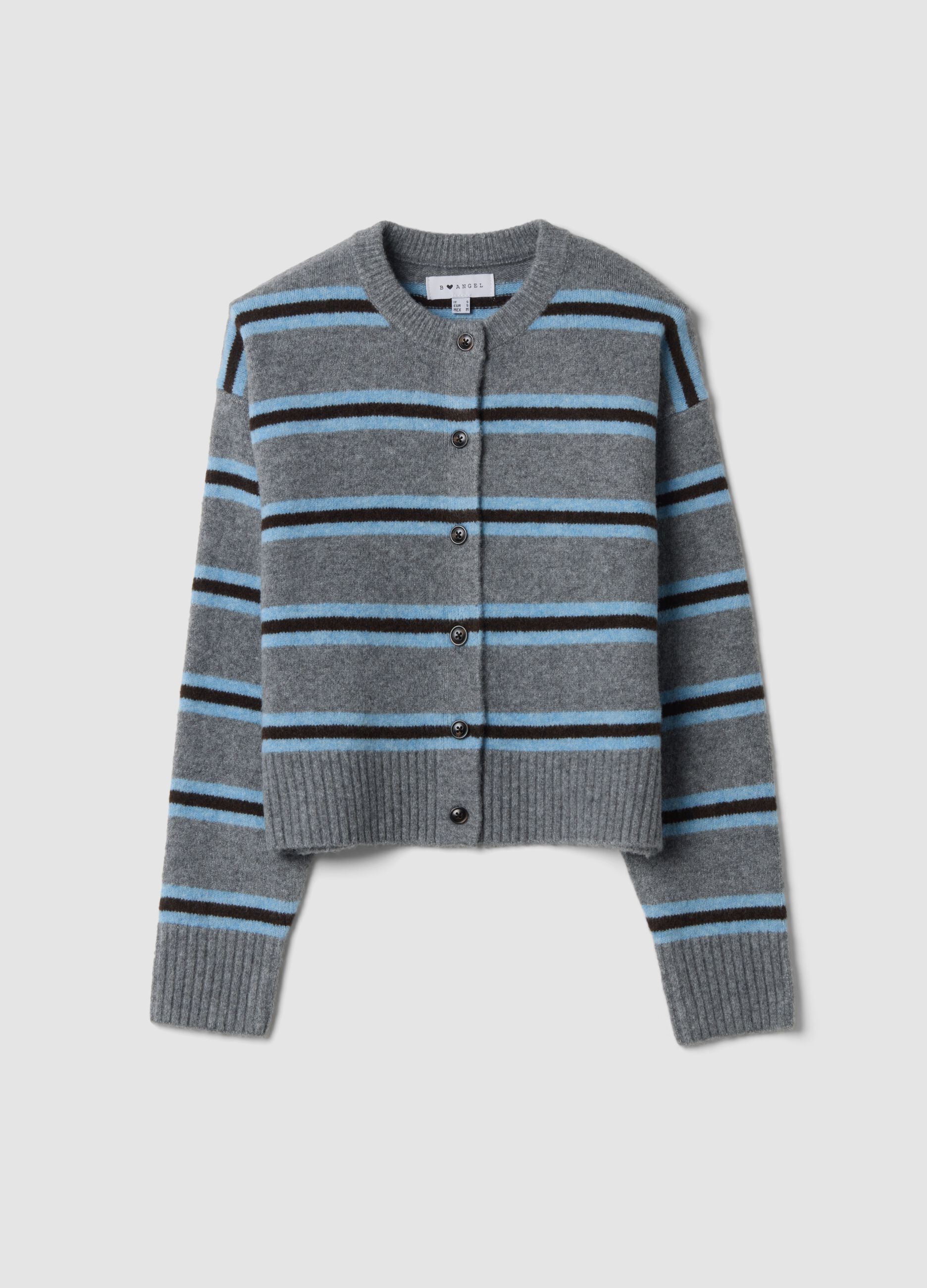 Grey striped stretch wool cardigan, regular fit