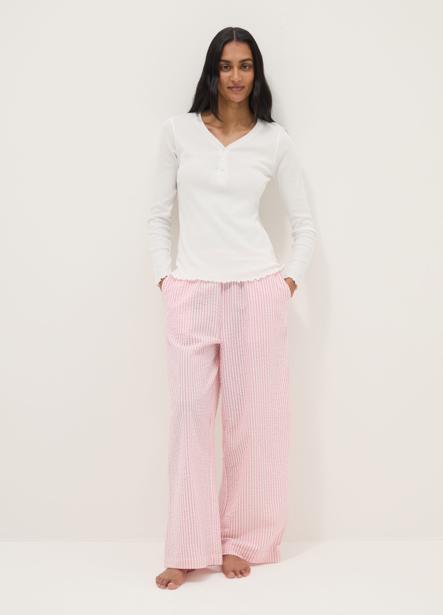 White pure cotton nightshirt regular fit with henley collar