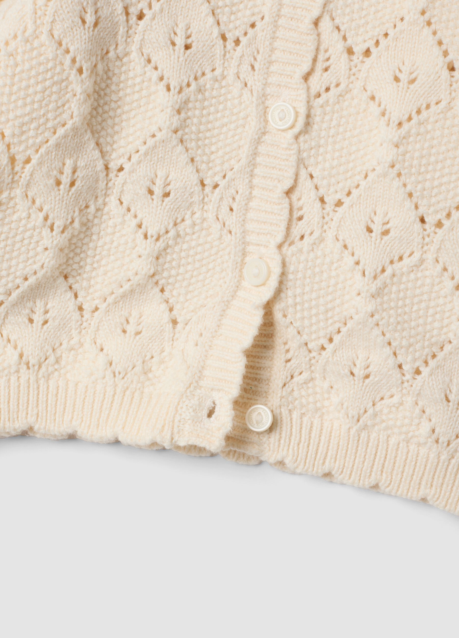 Beige openwork cotton-blend crew-neck cardigan