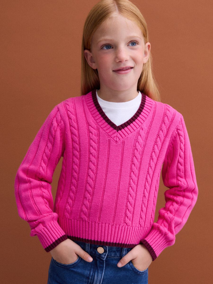 Pink pure cotton cable-knit V-neck jumper for girls_0