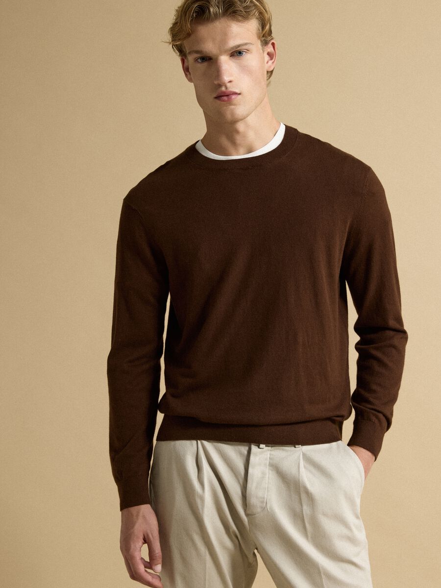 Brown crew-neck jumper in cotton and cashmere blend, regular fit_0