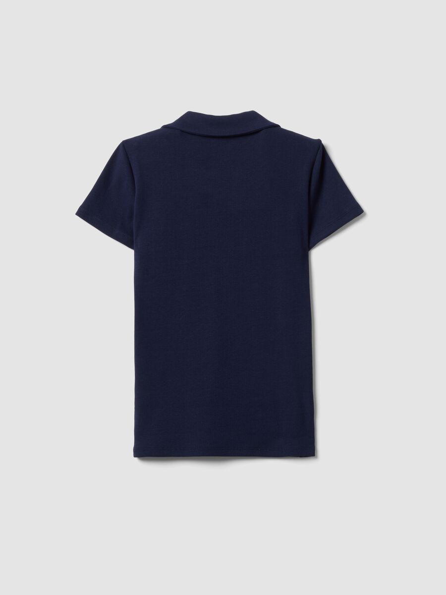 Blue stretch cotton polo shirt with open V-neck, regular fit_5