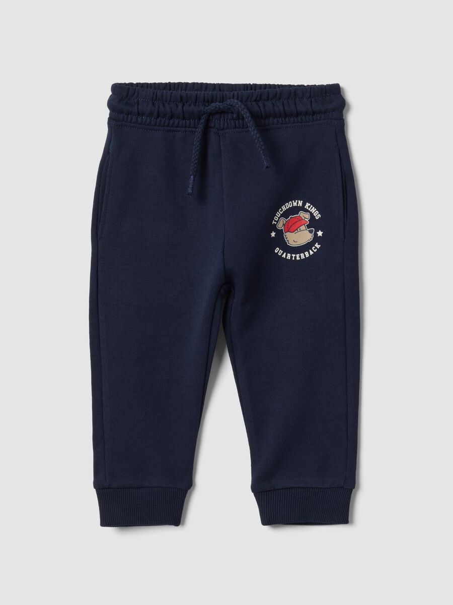Blue pure cotton jogger trousers with puppy print for baby boy_0
