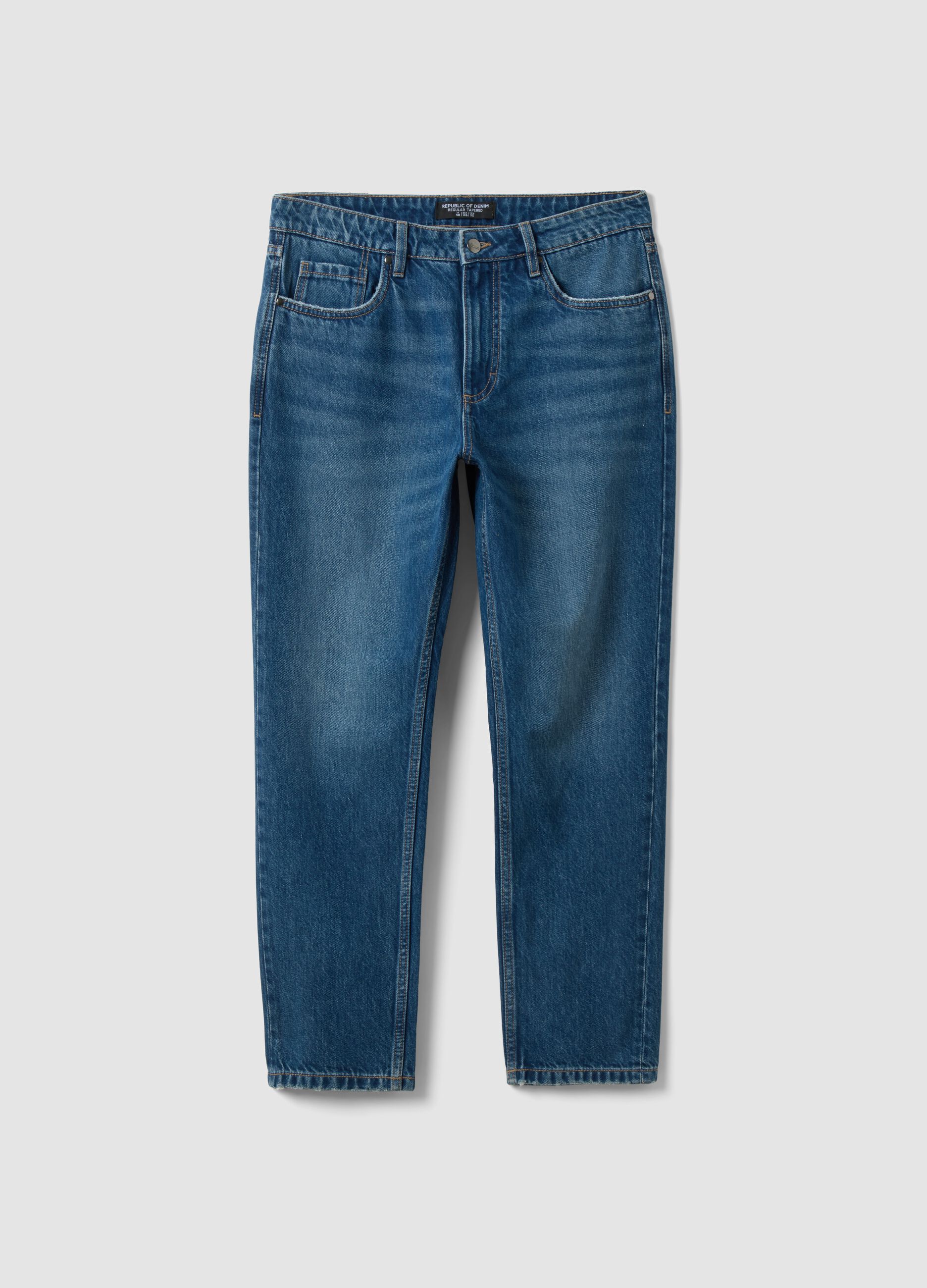 Blue cotton and lyocell blend regular tapered jeans
