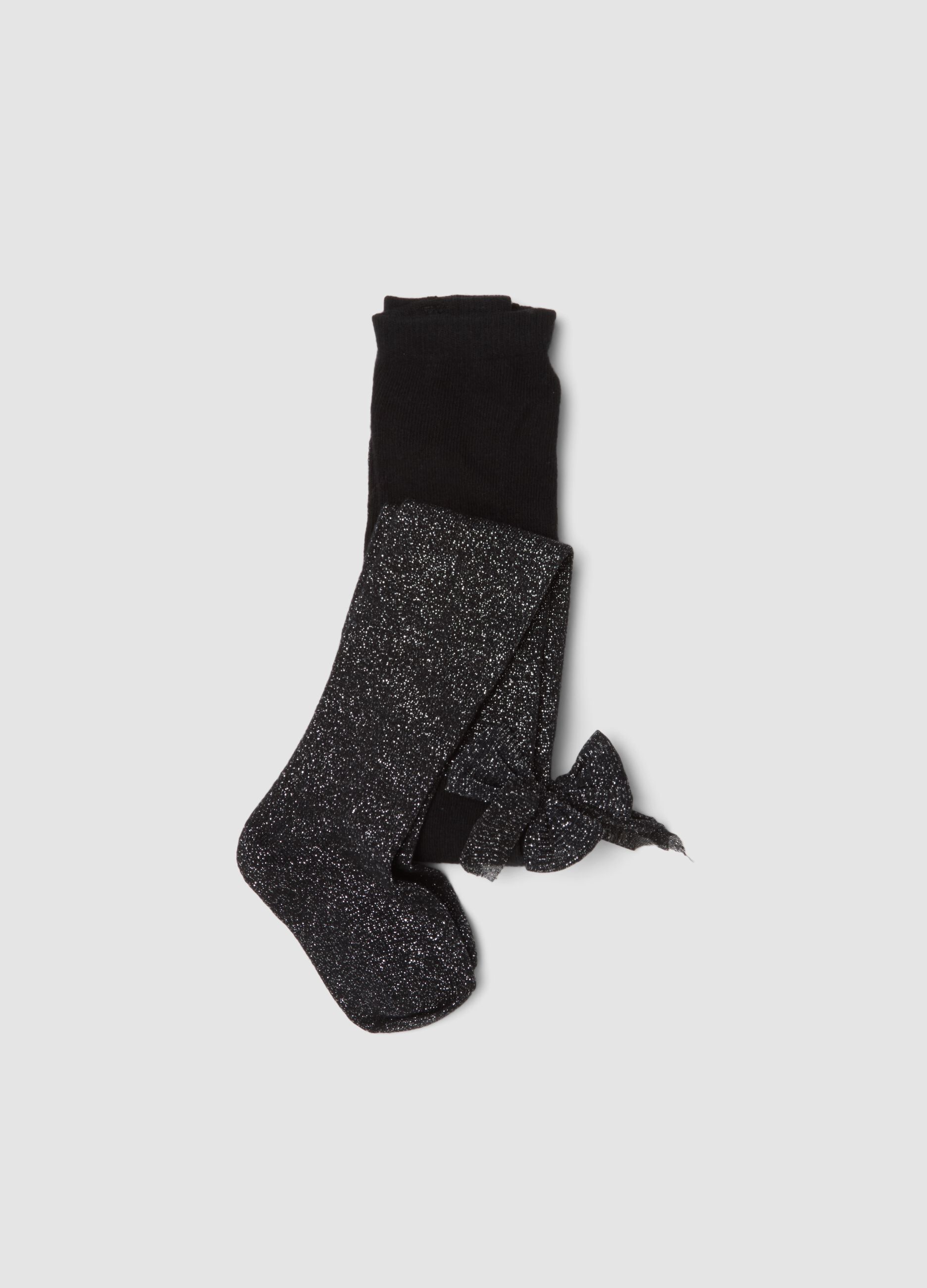 Collant nero in cotone organico elasticizzato con fiocco e brillantini