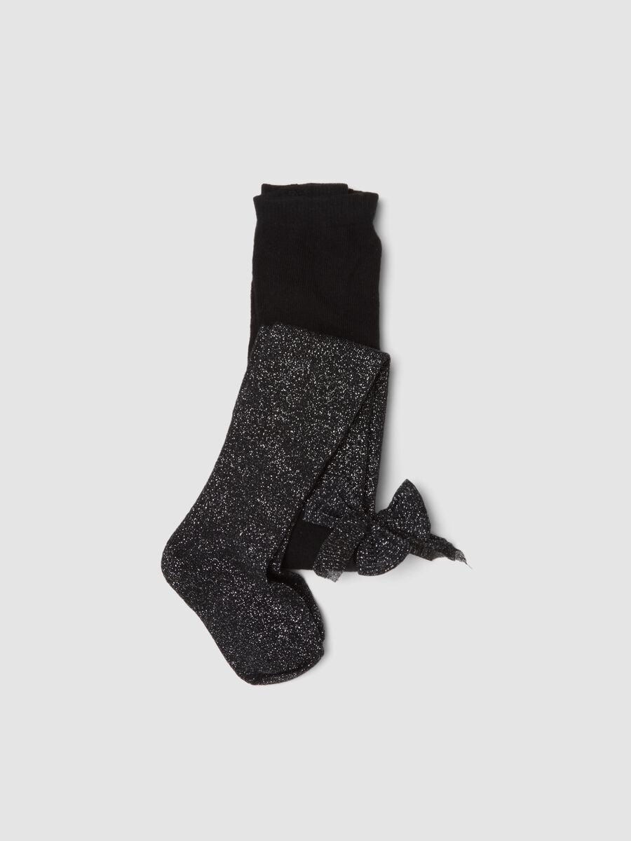Collant nero in cotone organico elasticizzato con fiocco e brillantini_0