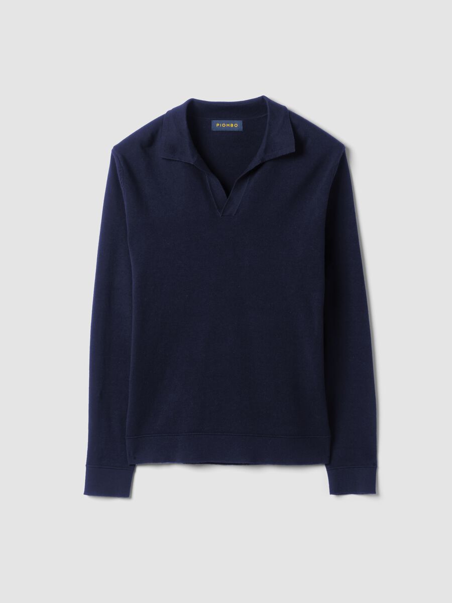 Blue long-sleeve pure cotton polo shirt_4