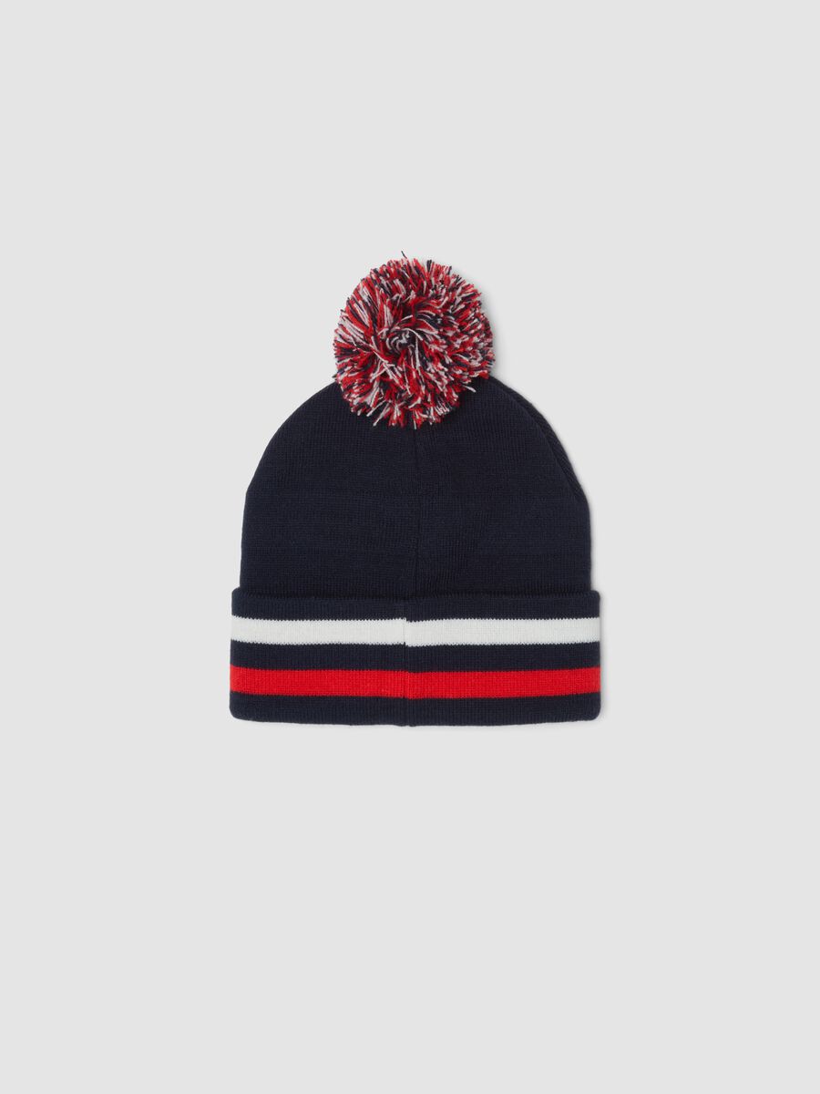 Indigo blue knitted hat with pom-pom and Mario Kart print_1