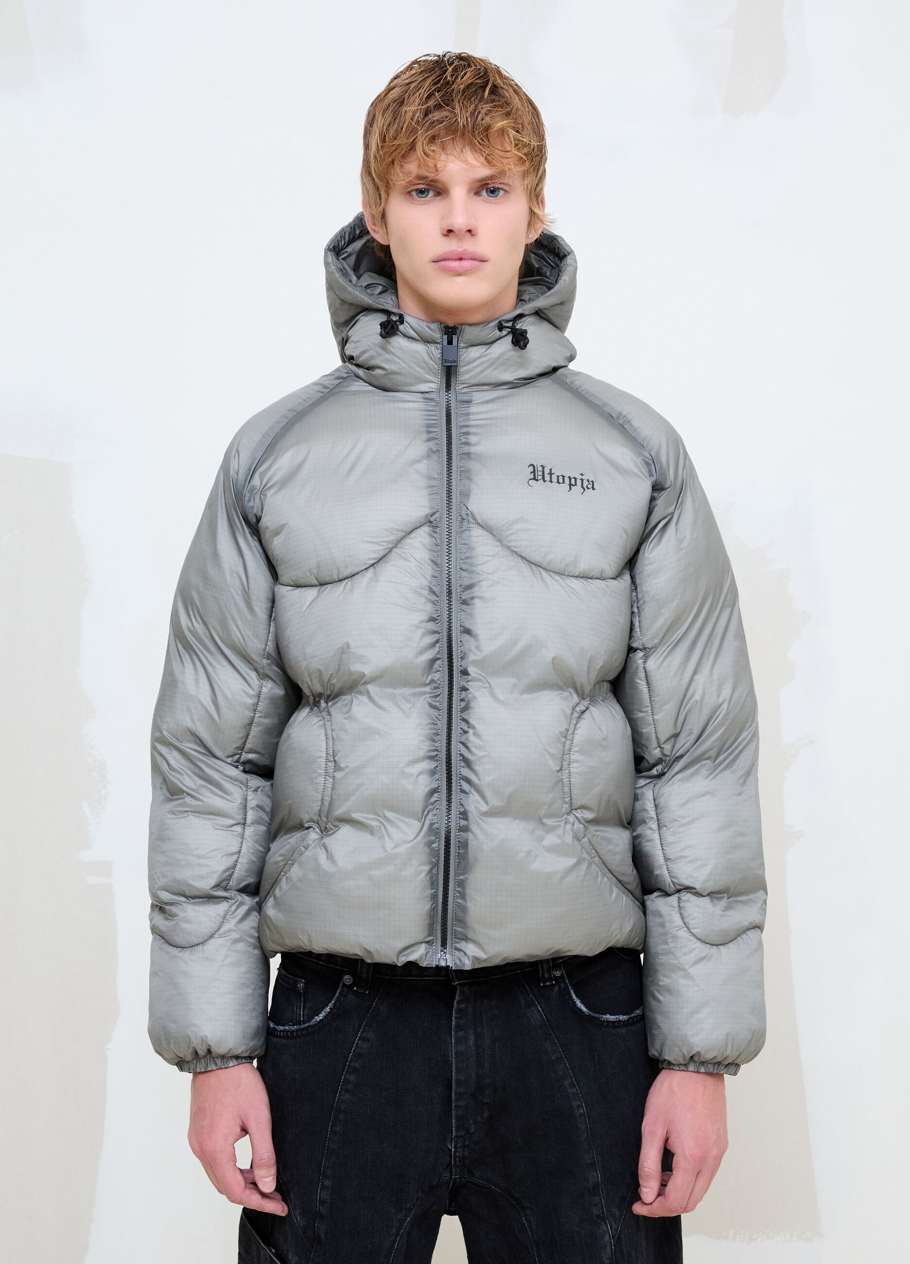 Nylon Ripstop Hooded Puffer Jacket in Grey
