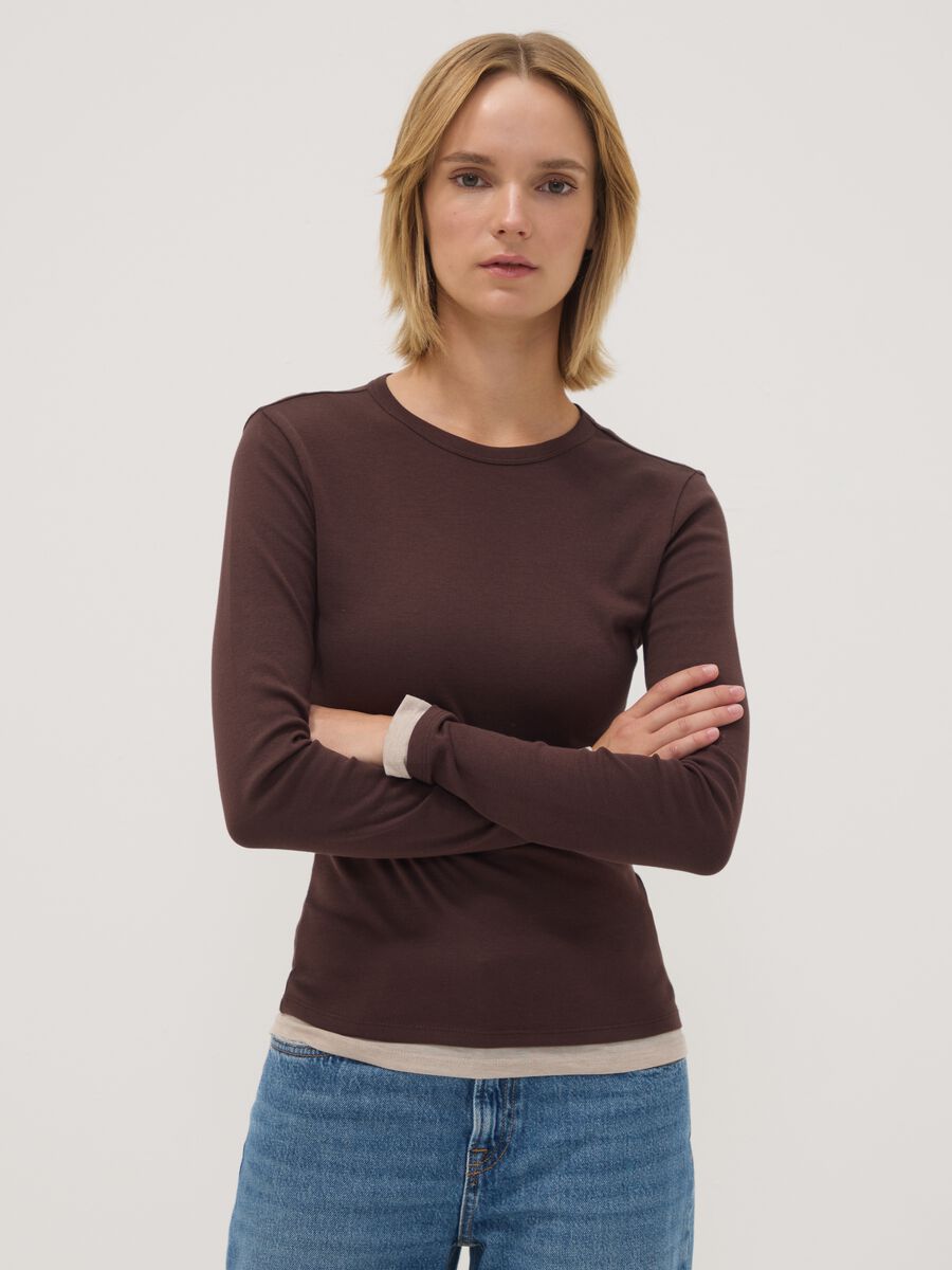 Brown cotton-blend crew-neck T-shirt_0