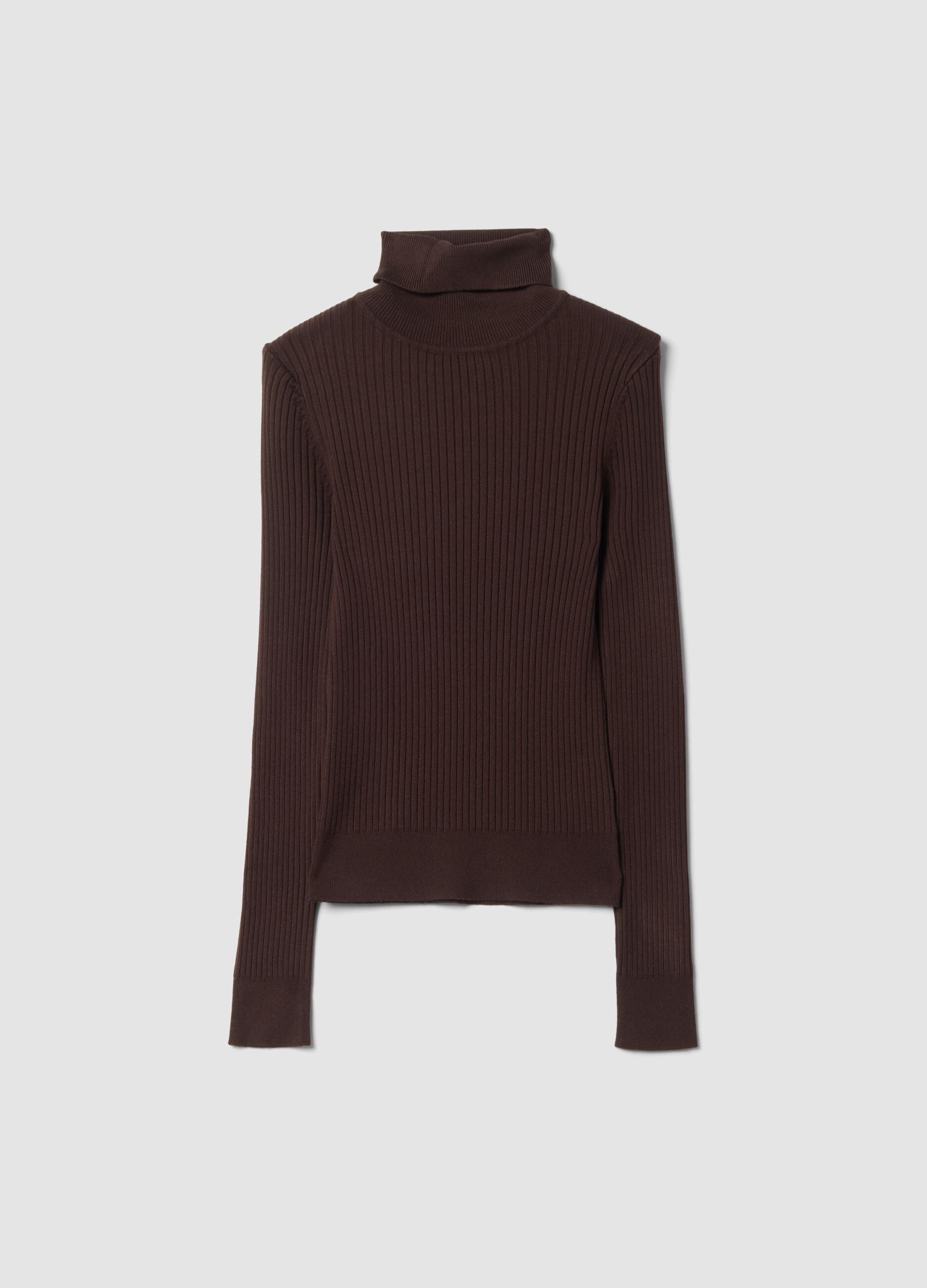 Brown ribbed viscose-blend turtleneck jumper