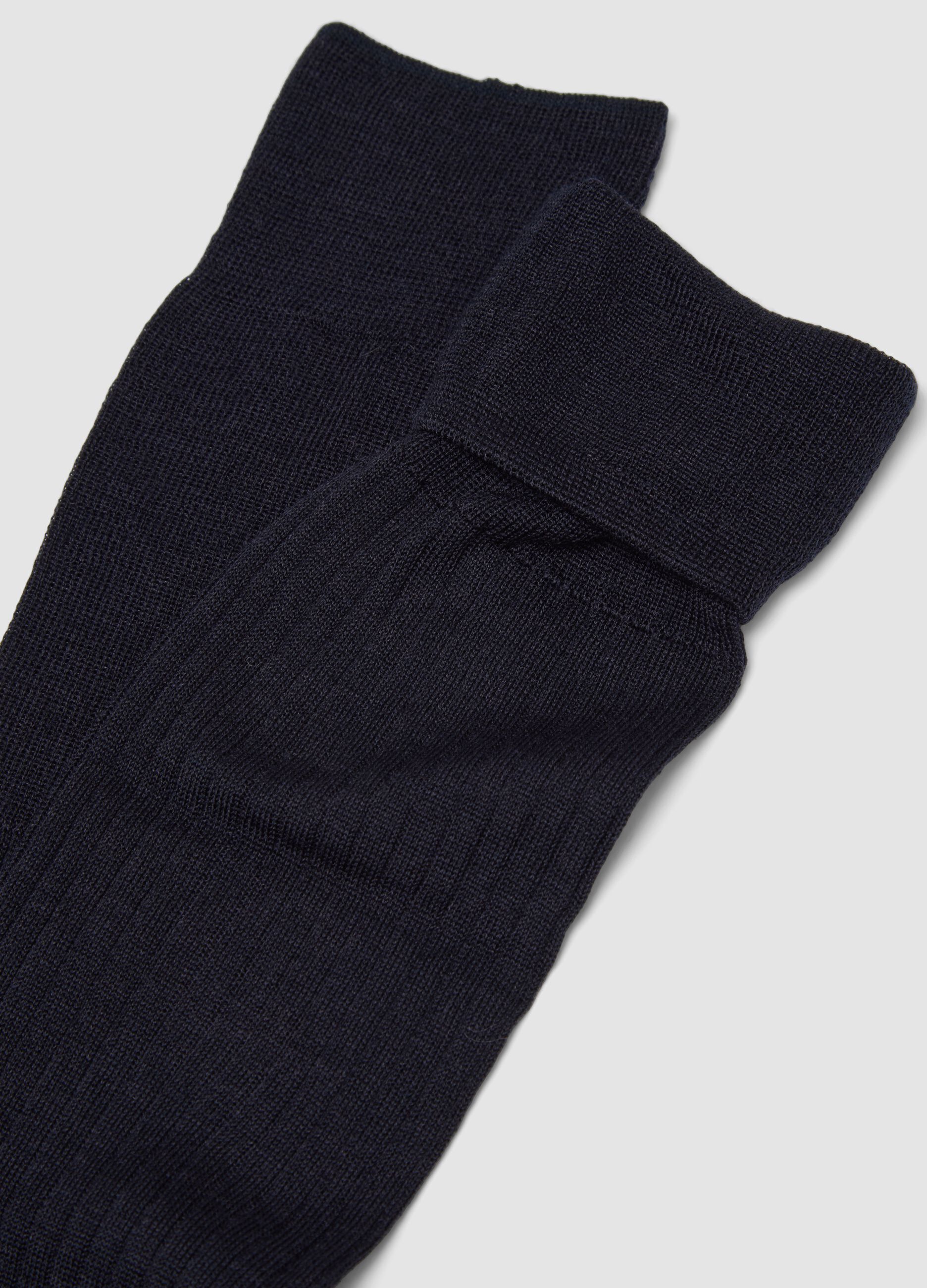 Calze lunghe blu navy in misto lana a coste