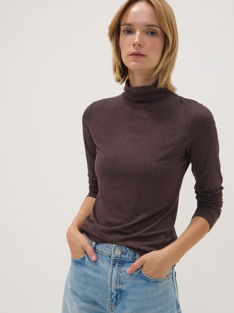 Brown stretch viscose top with mock neck, regular fit_1