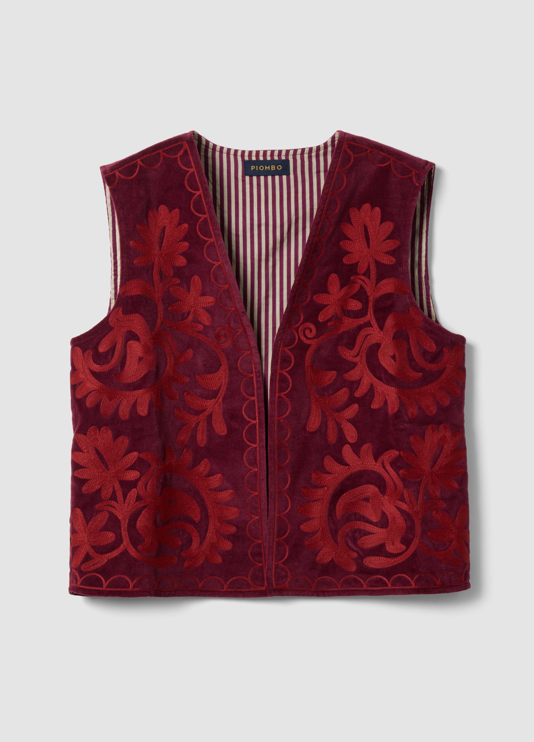 Gilet rosso in puro cotone con ricami floreali