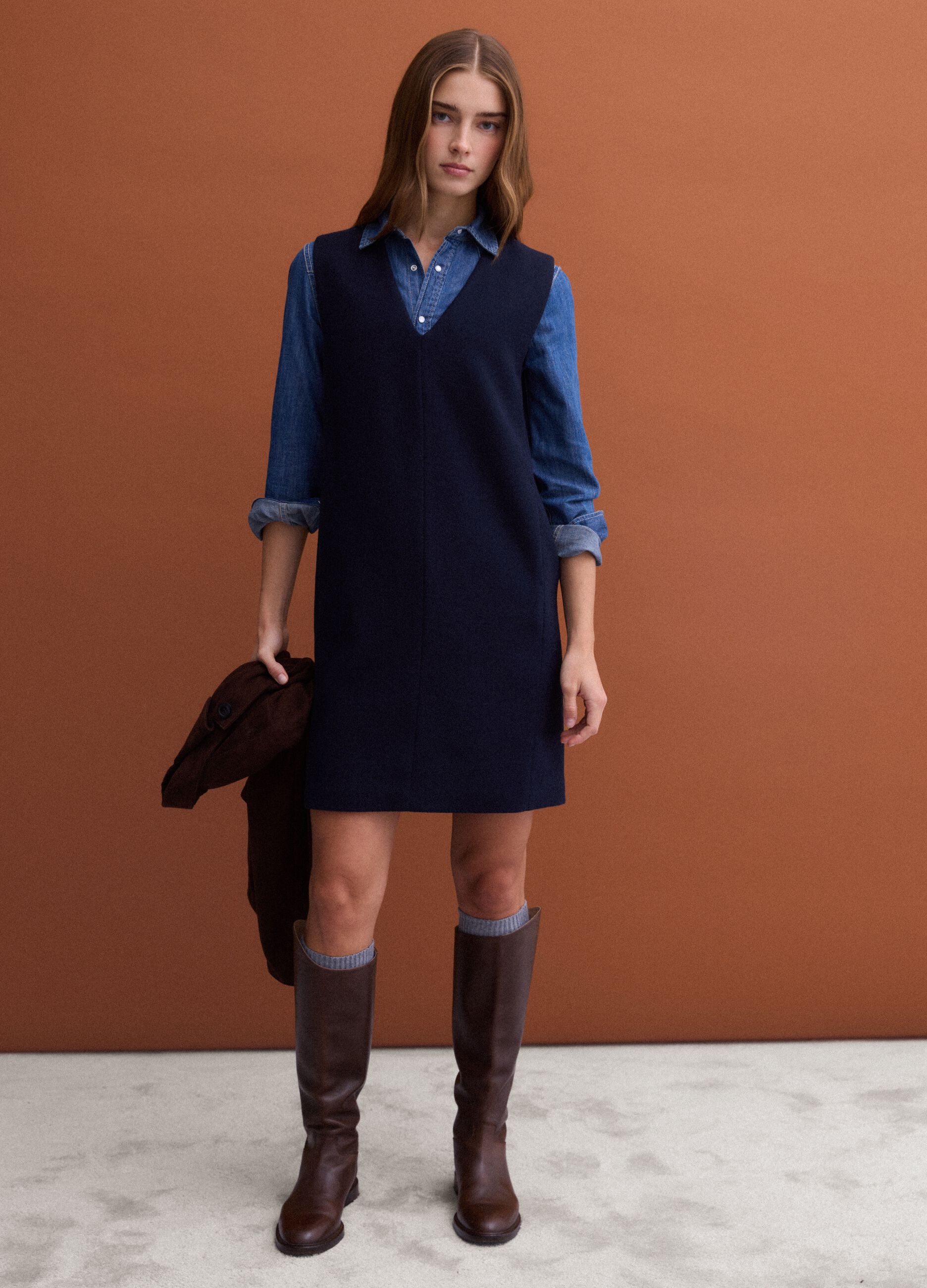 Blue sleeveless wool-blend dress, regular fit