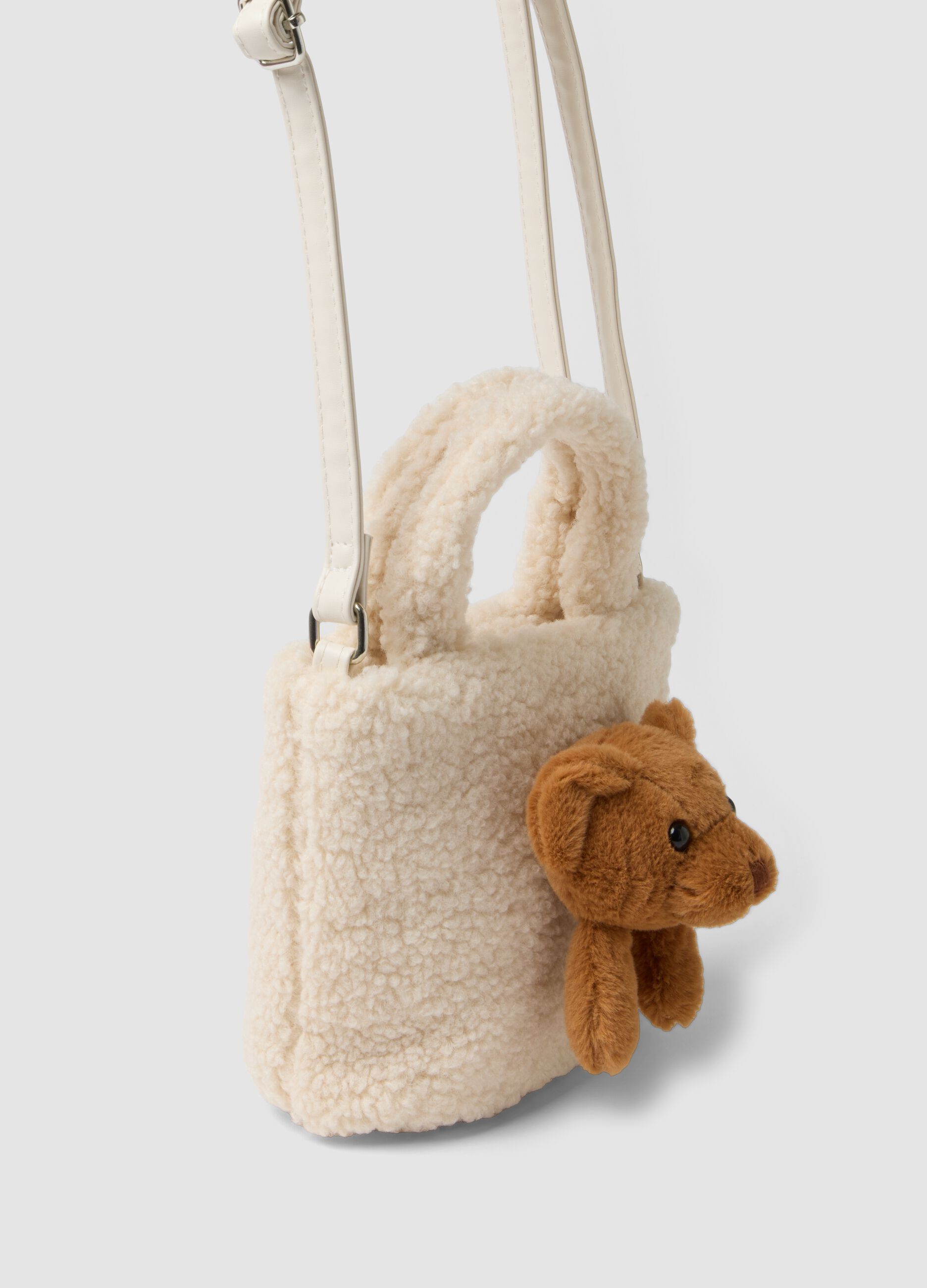 Beige teddy-effect bag with teddy bear applique