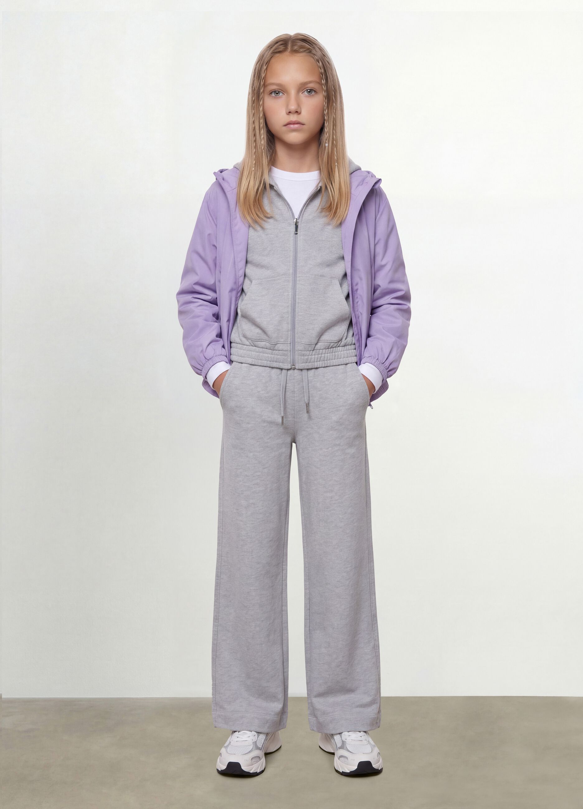 Purple rain jacket with hood and zip for girls