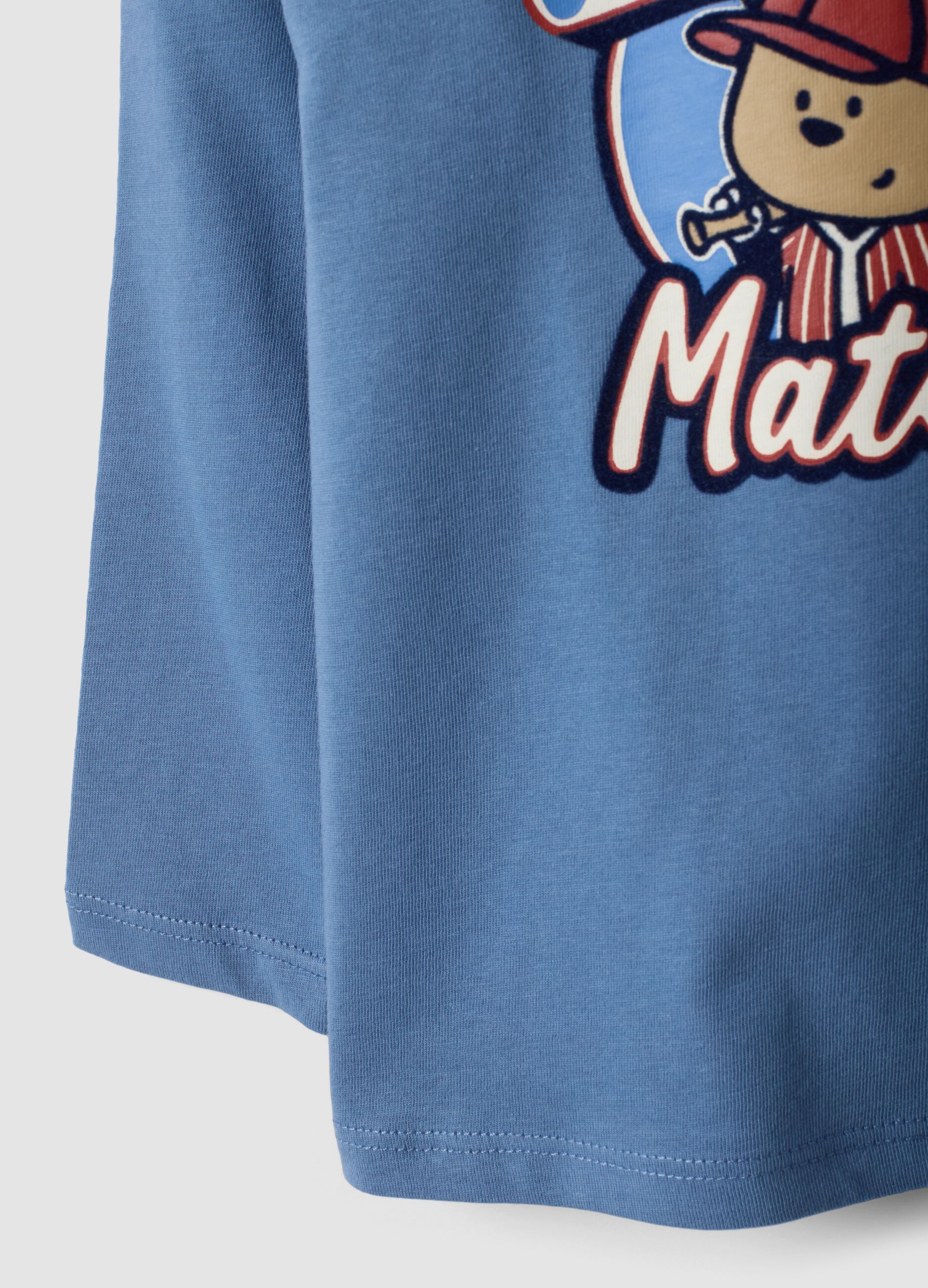 Blue organic cotton T-shirt with teddy bear print