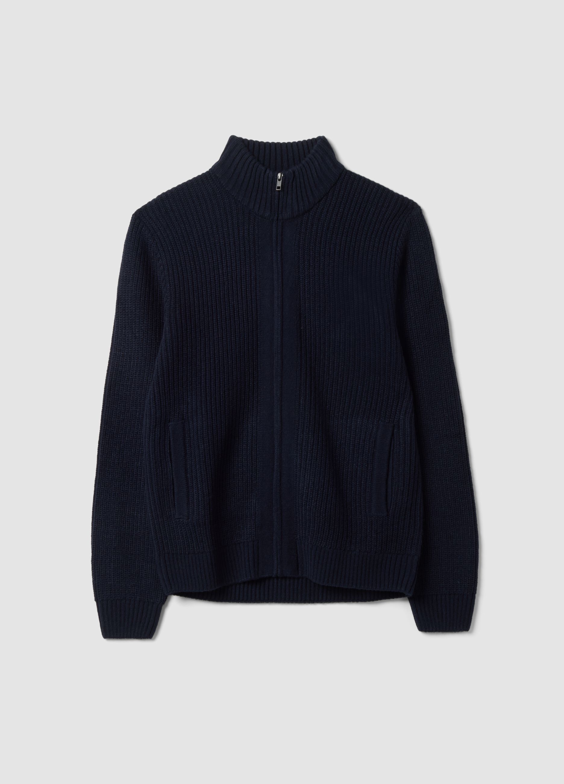 Navy rib-knit zip cardigan with collar, regular fit