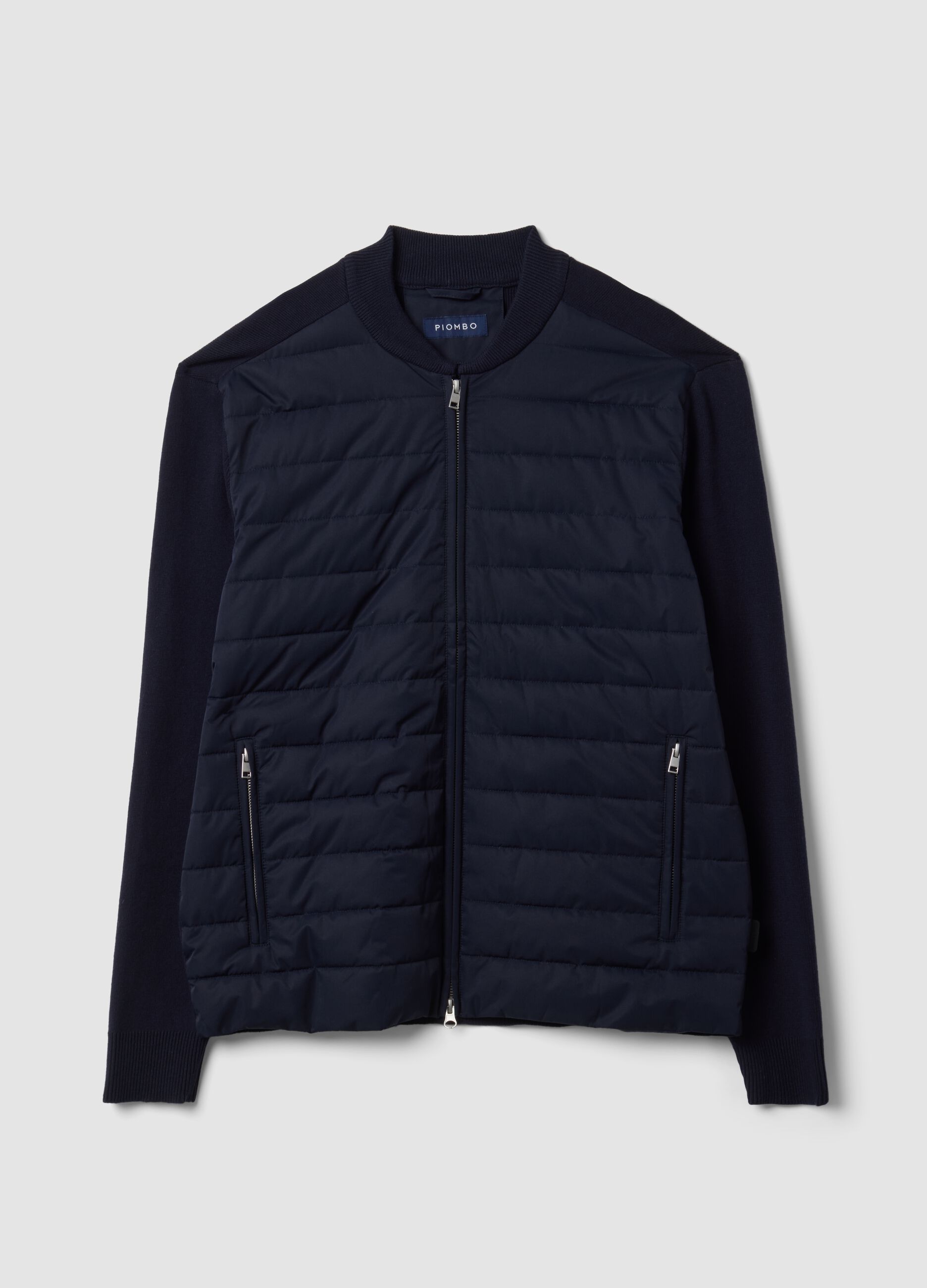 Blue pure cotton zip jacket with knitted sleeves, regular fit