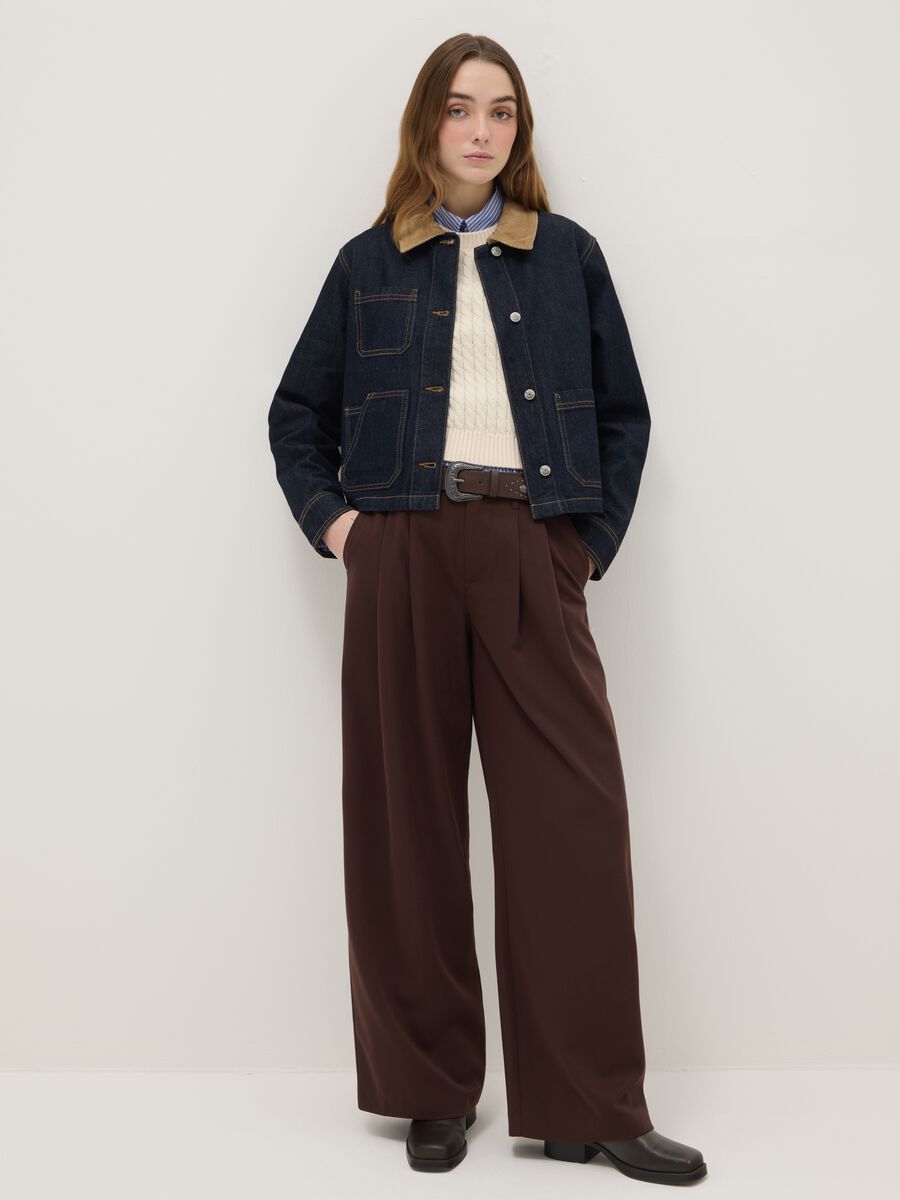 Pure cotton blue regular fit jacket with contrasting collar and pockets_2