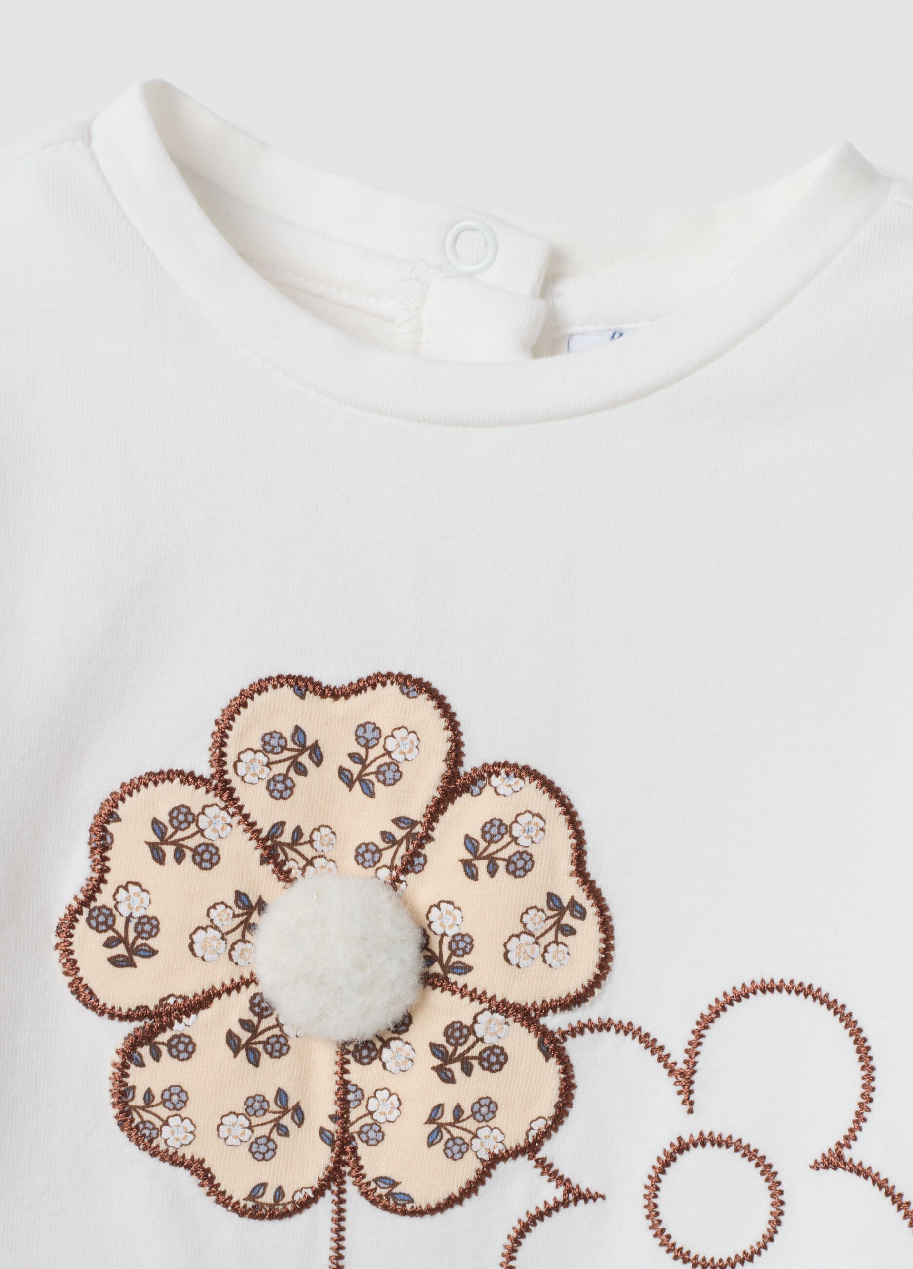 White stretch organic cotton T-shirt with floral print