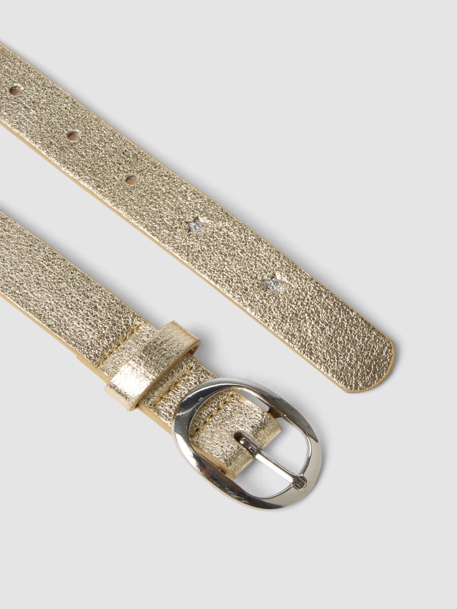 Glossy yellow belt with round buckle and star cut-outs_1