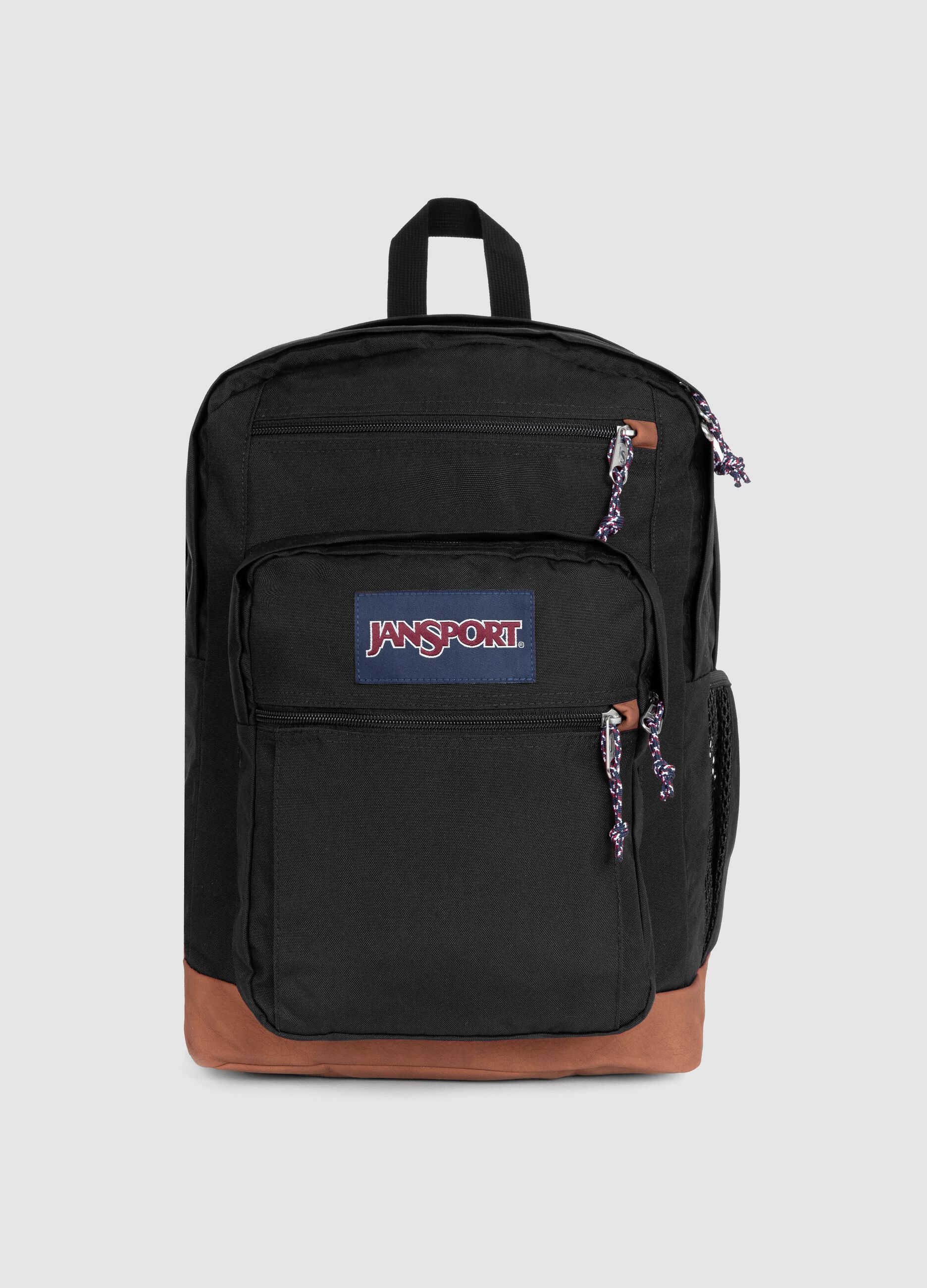Black backpack with brown base and external pockets