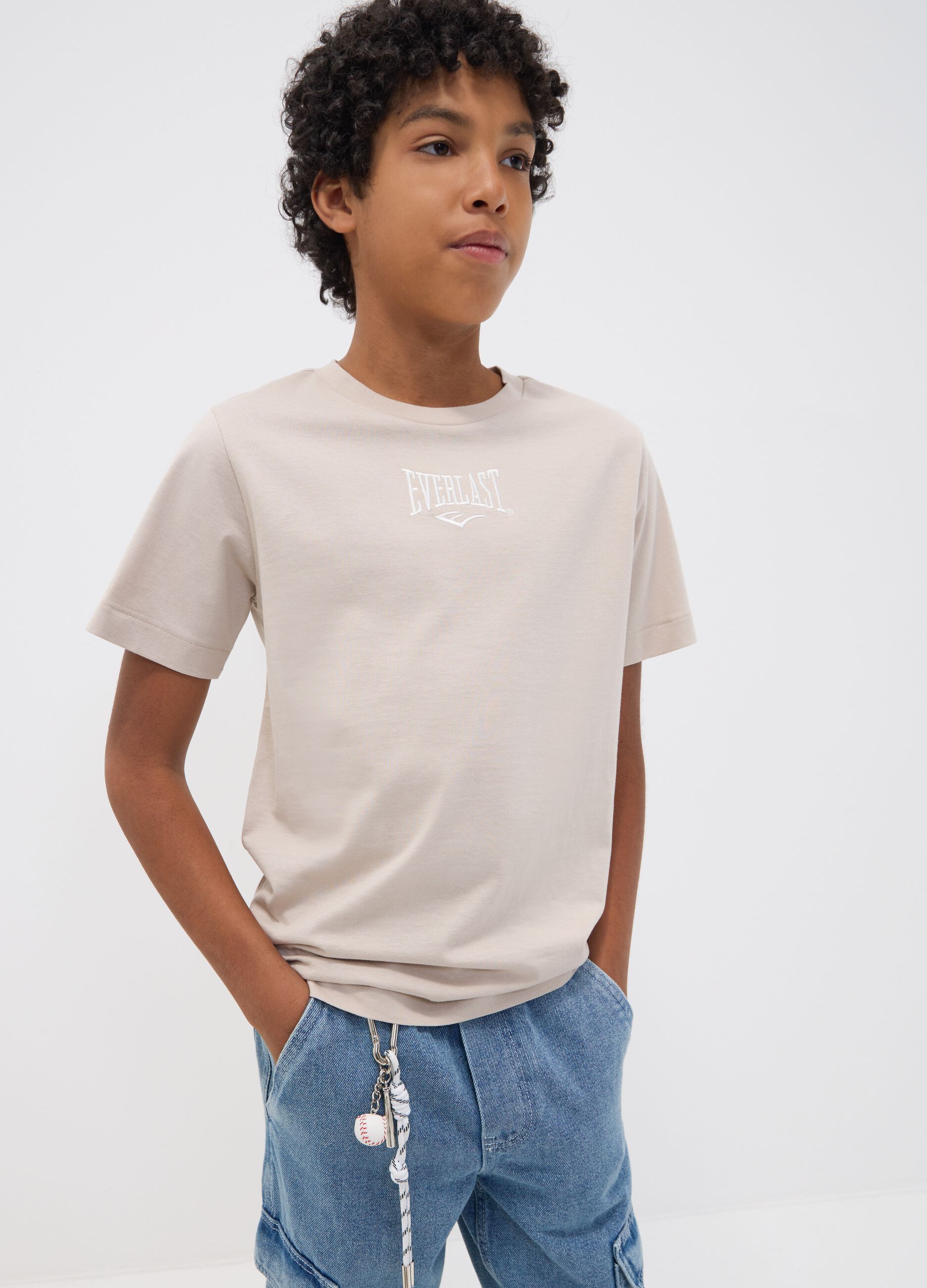Beige pure cotton regular-fit printed T-shirt for girls