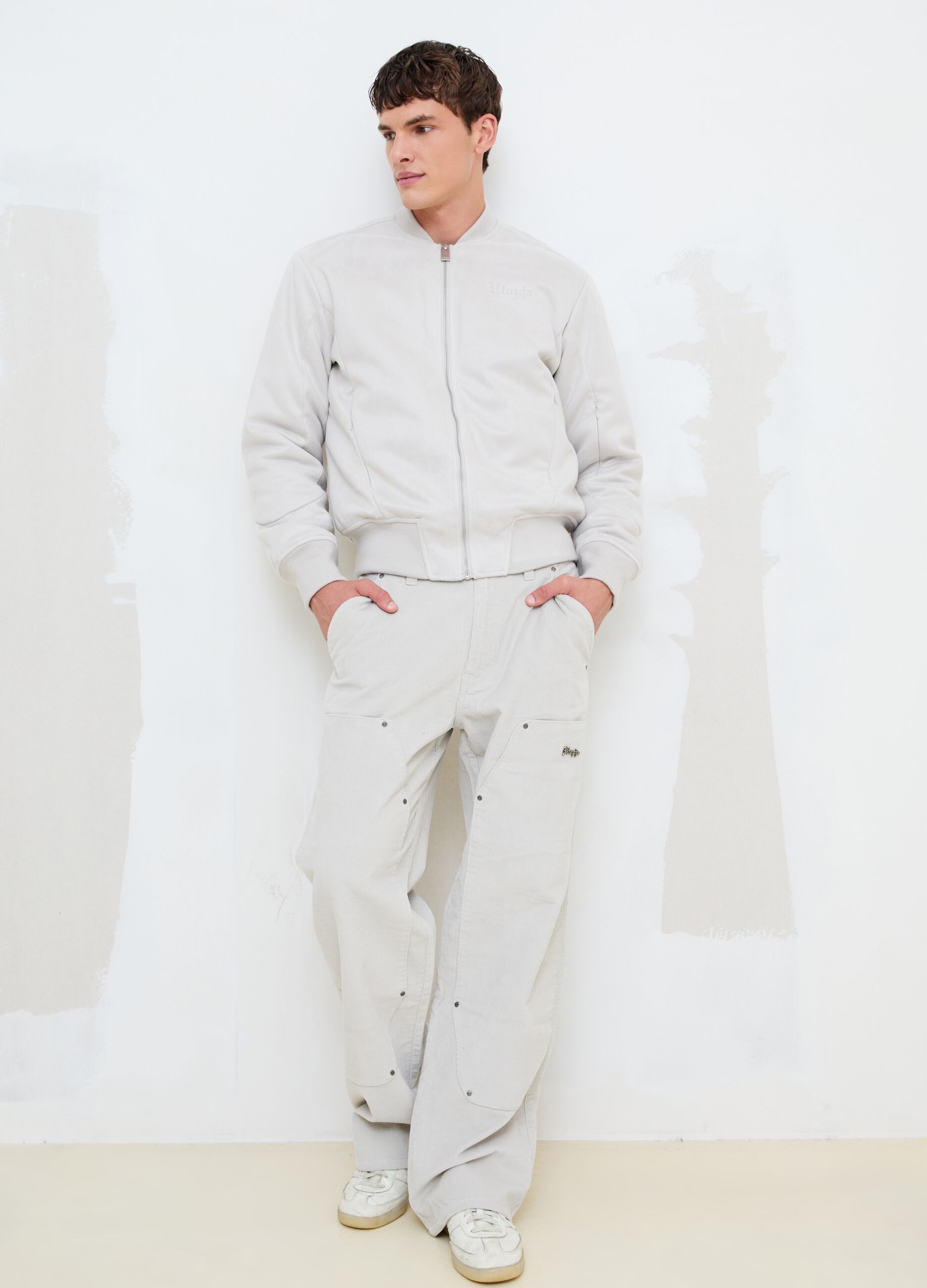 Faux Suede Bomber Jacket &ndash; Light Beige