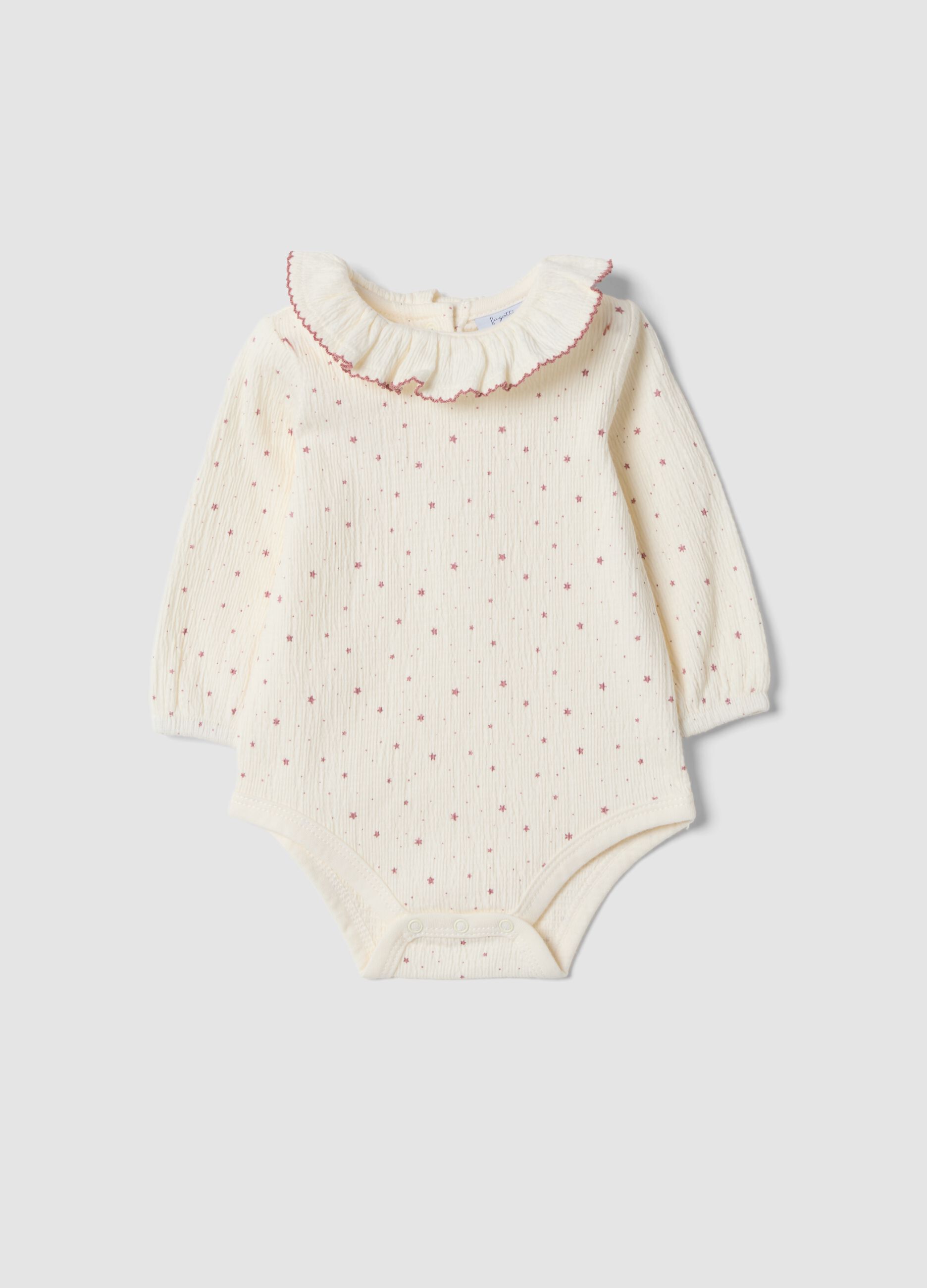 White bodysuit with ruffled collar in stretch organic cotton