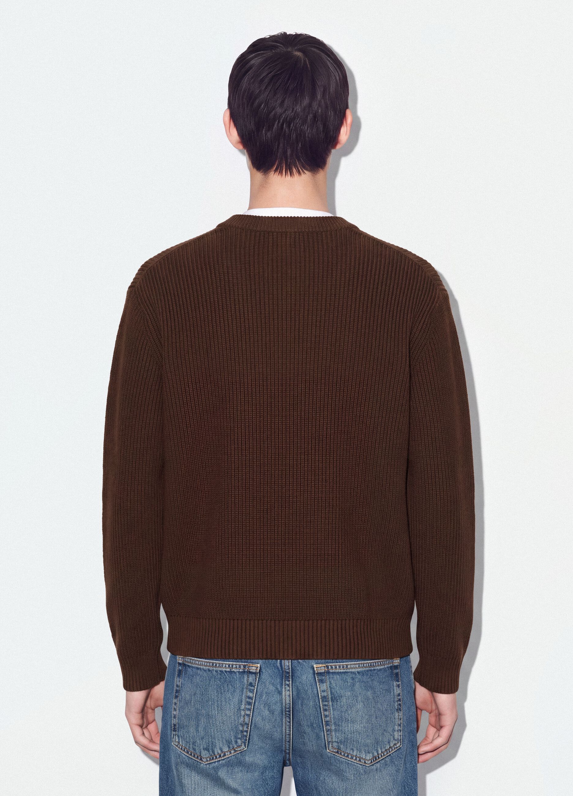 Brown pure cotton jumper with deep V-neck, regular fit
