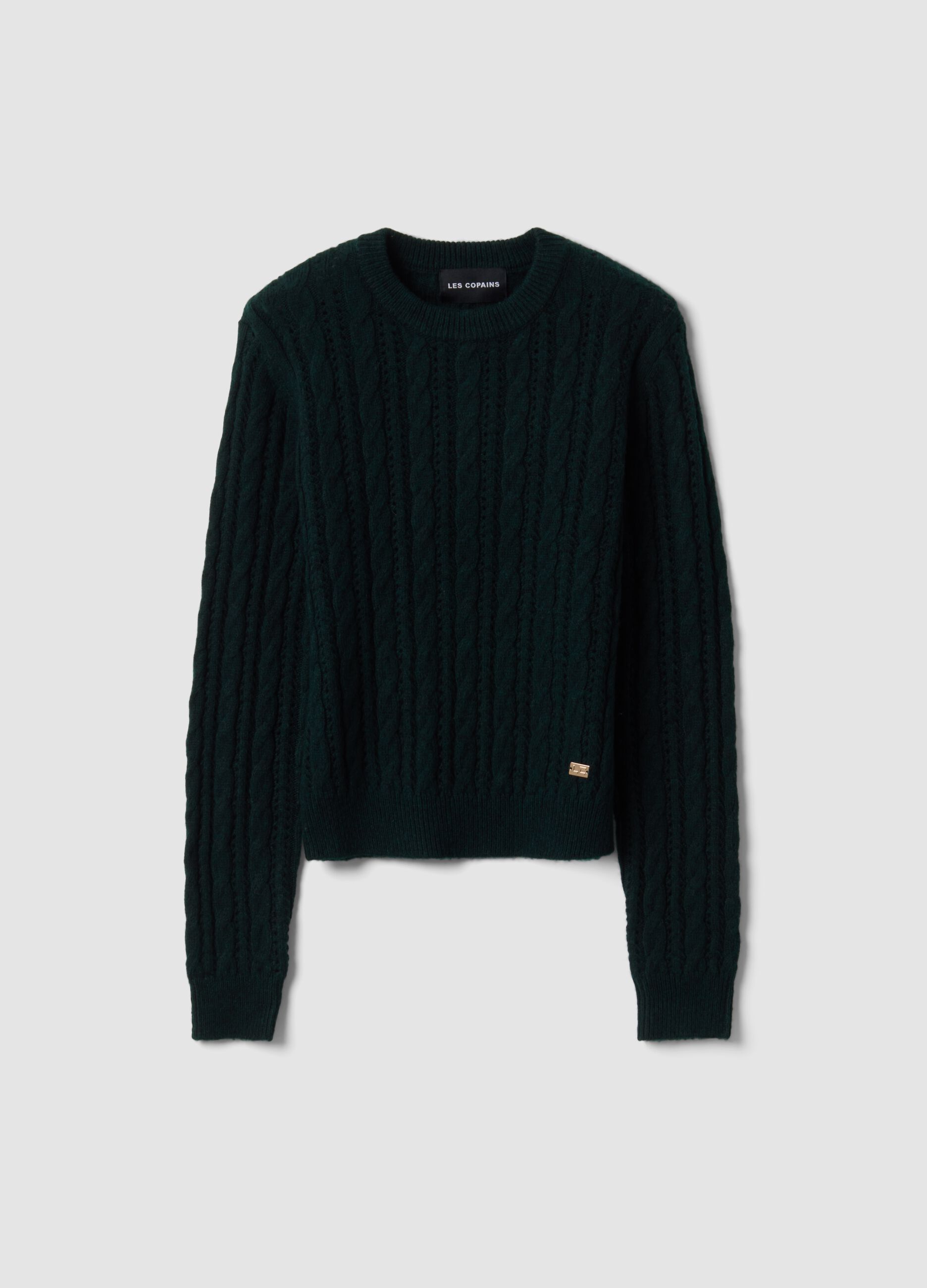 Green crew-neck cable-knit wool-blend jumper, regular fit