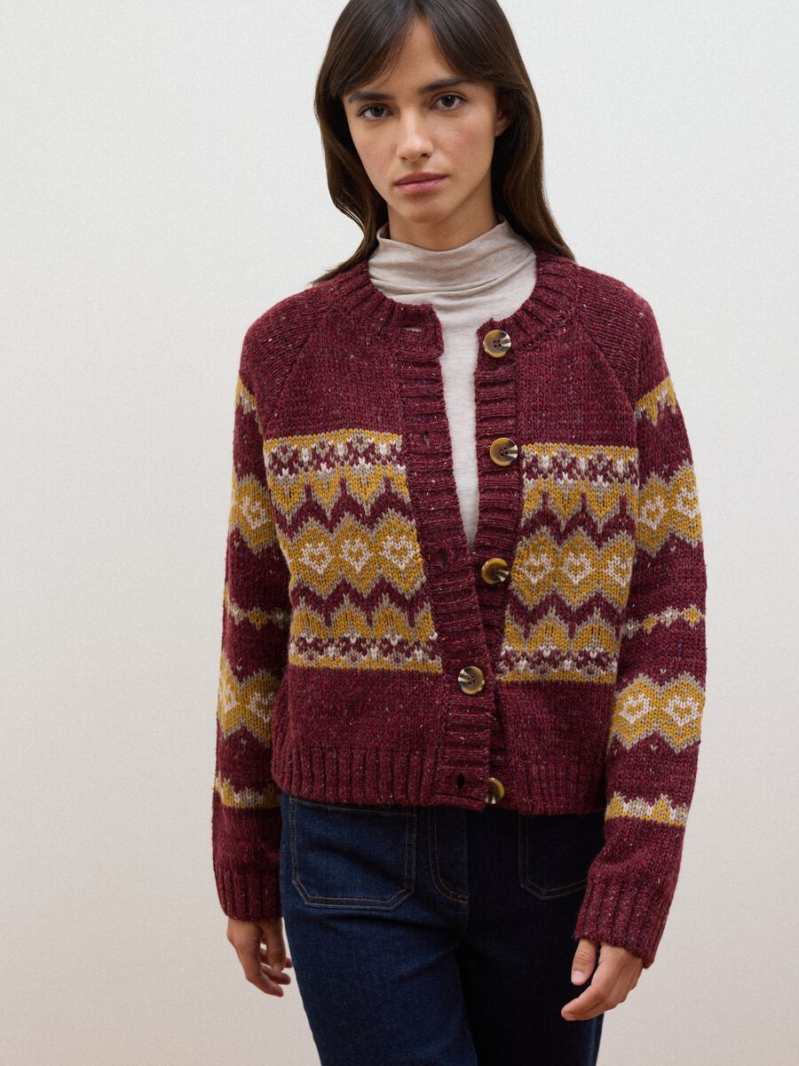 Red crew-neck jacquard wool-blend cardigan, regular fit_2