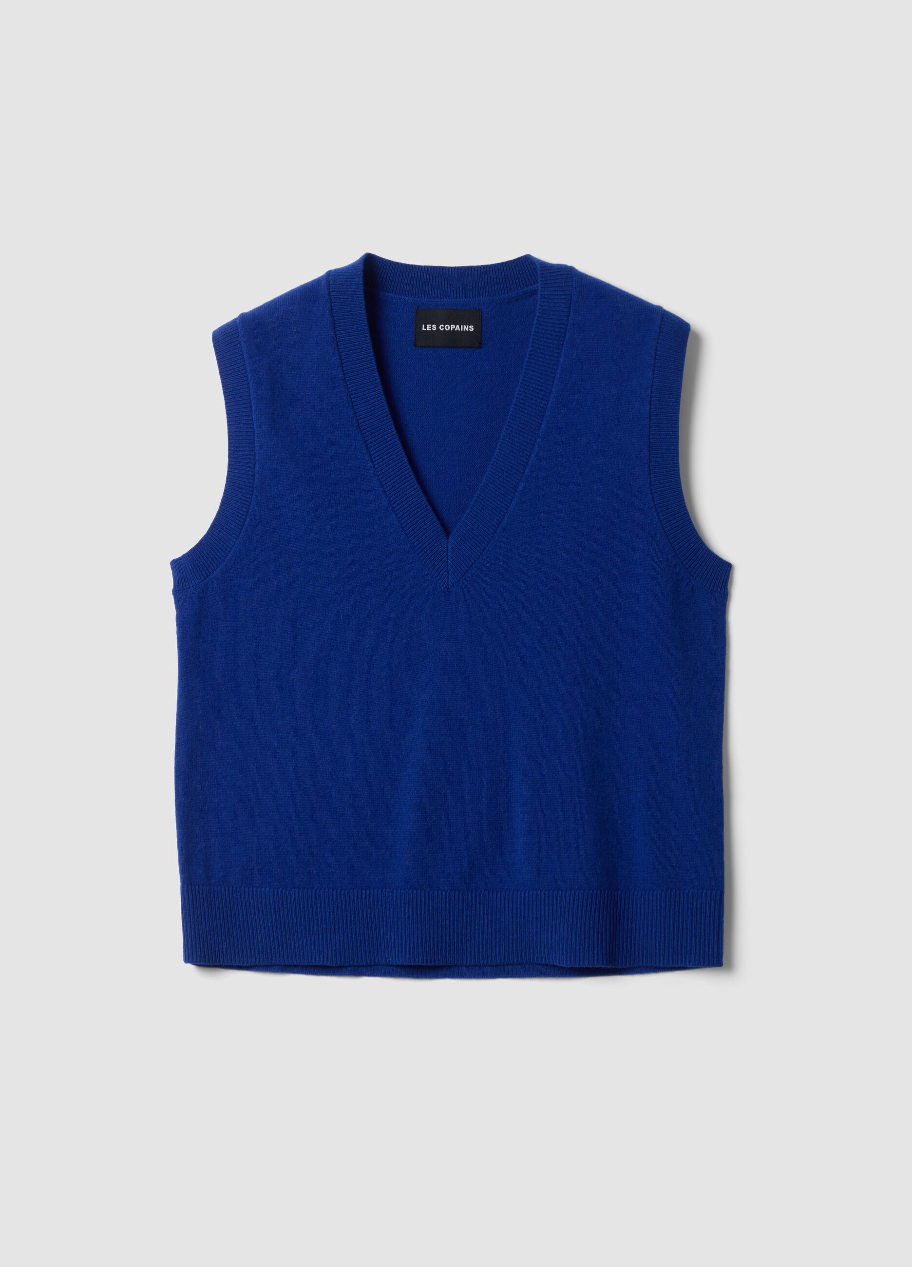 Blue pure wool gilet with deep V-neck