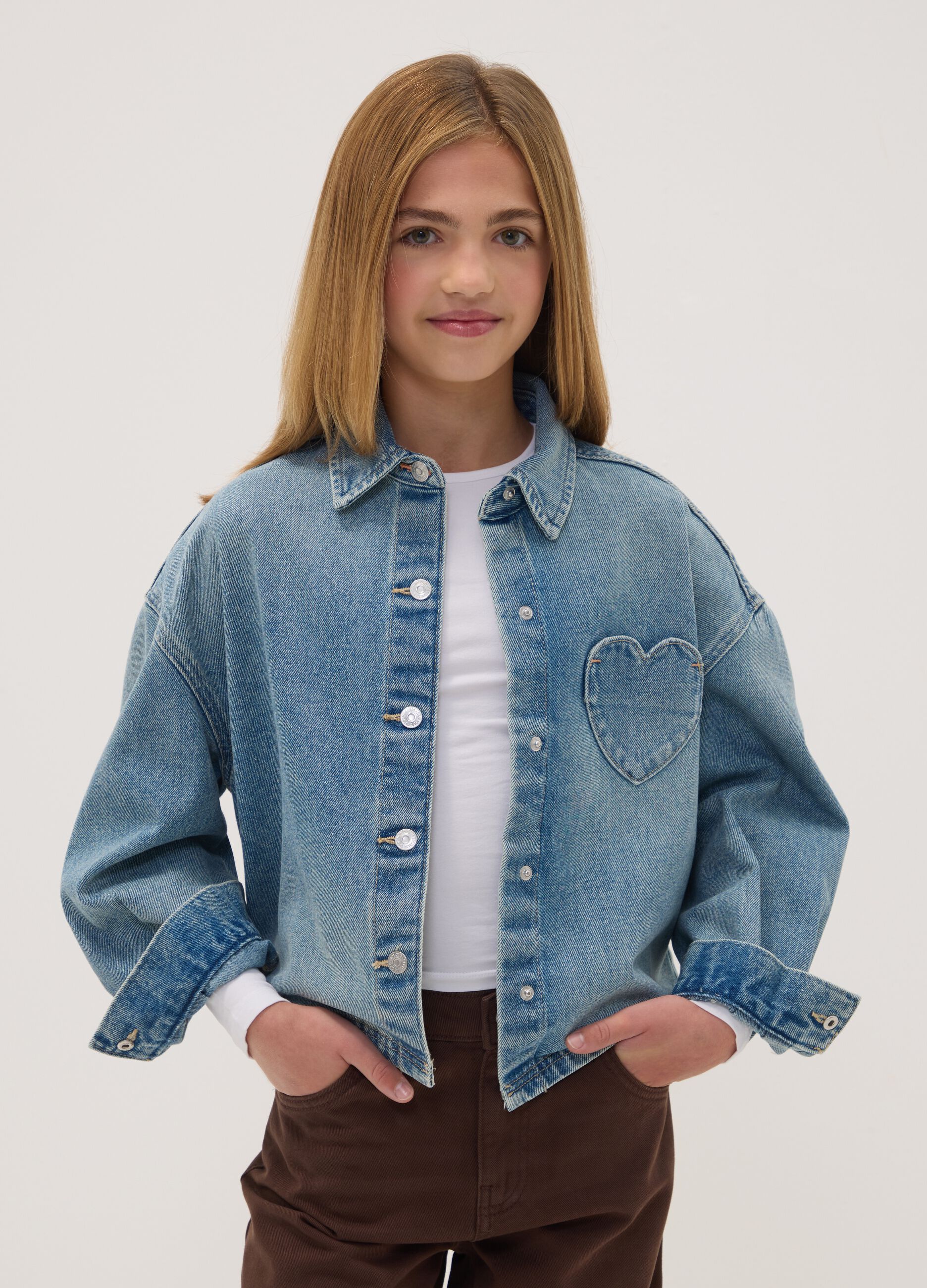 Blue cotton-viscose blend denim shirt with heart pocket, regular fit