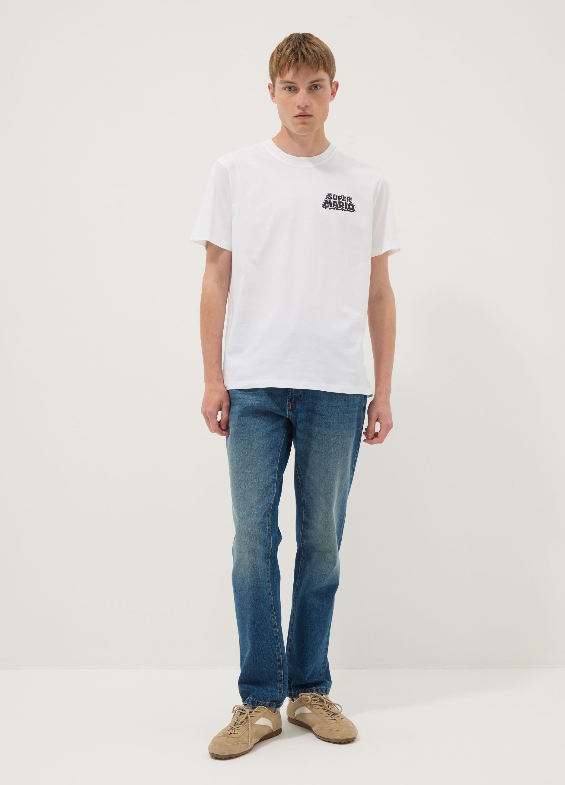 White short-sleeve pure cotton T-shirt, regular fit
