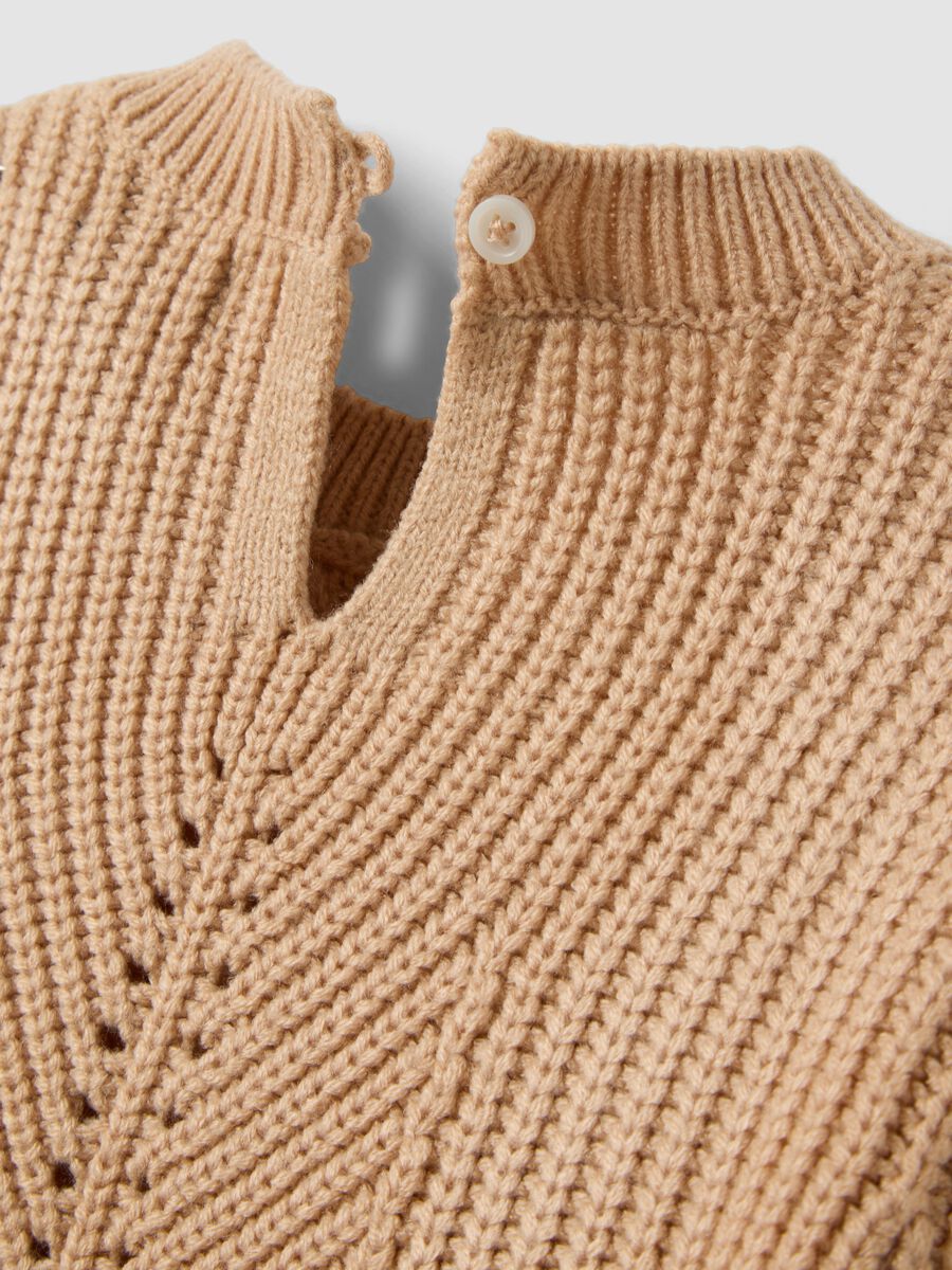 Beige knit jumper with openwork crew neck_3