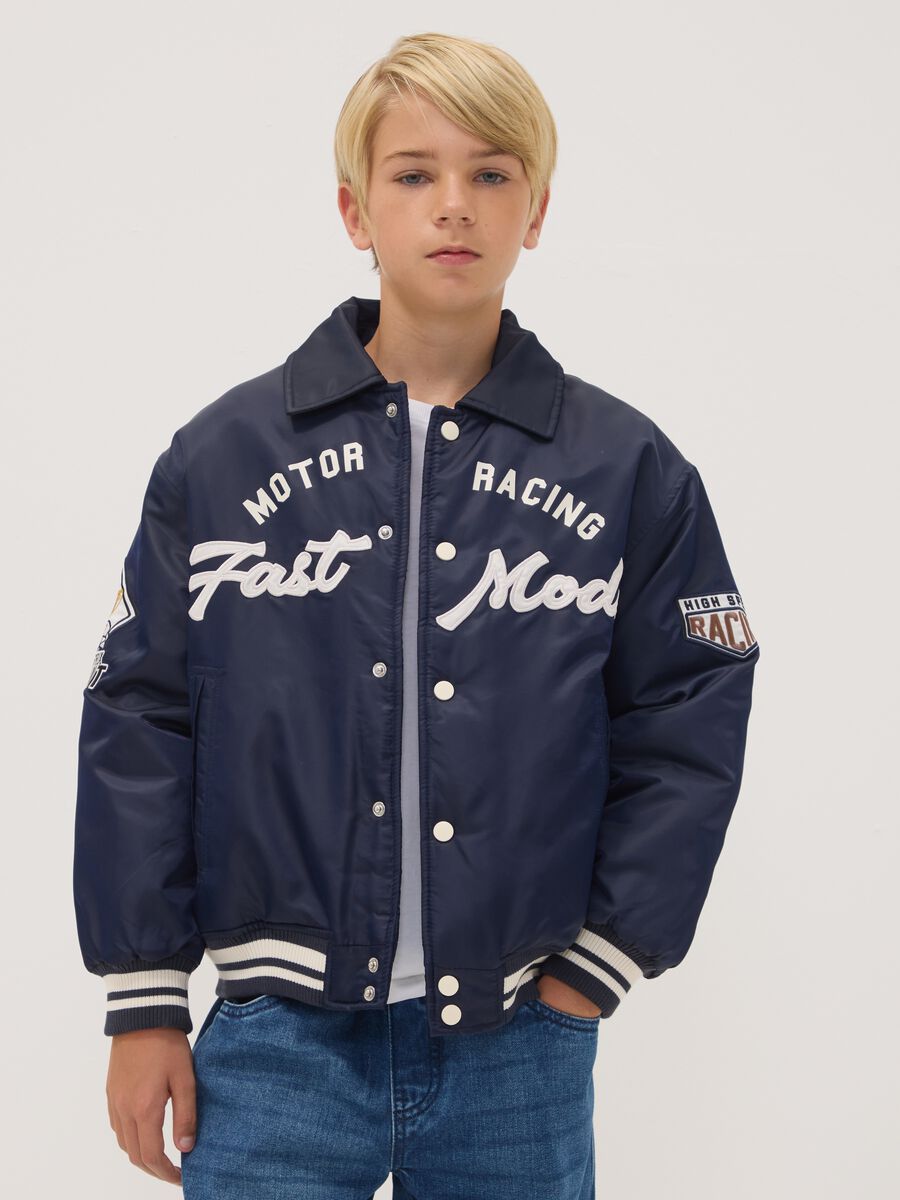 Blue varsity jacket with zip and racing print_0