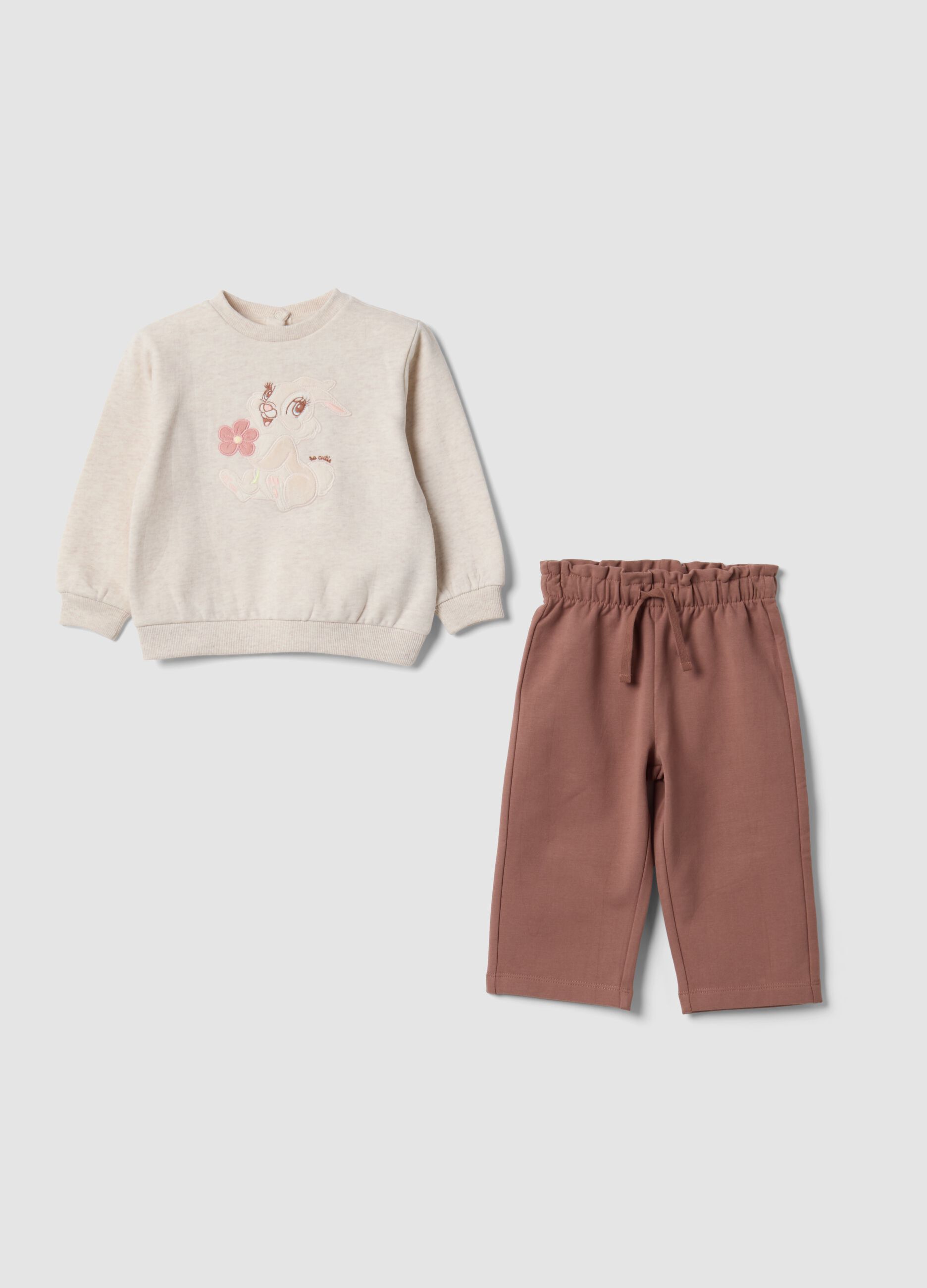 Beige and brown organic cotton-blend set with Bambi print