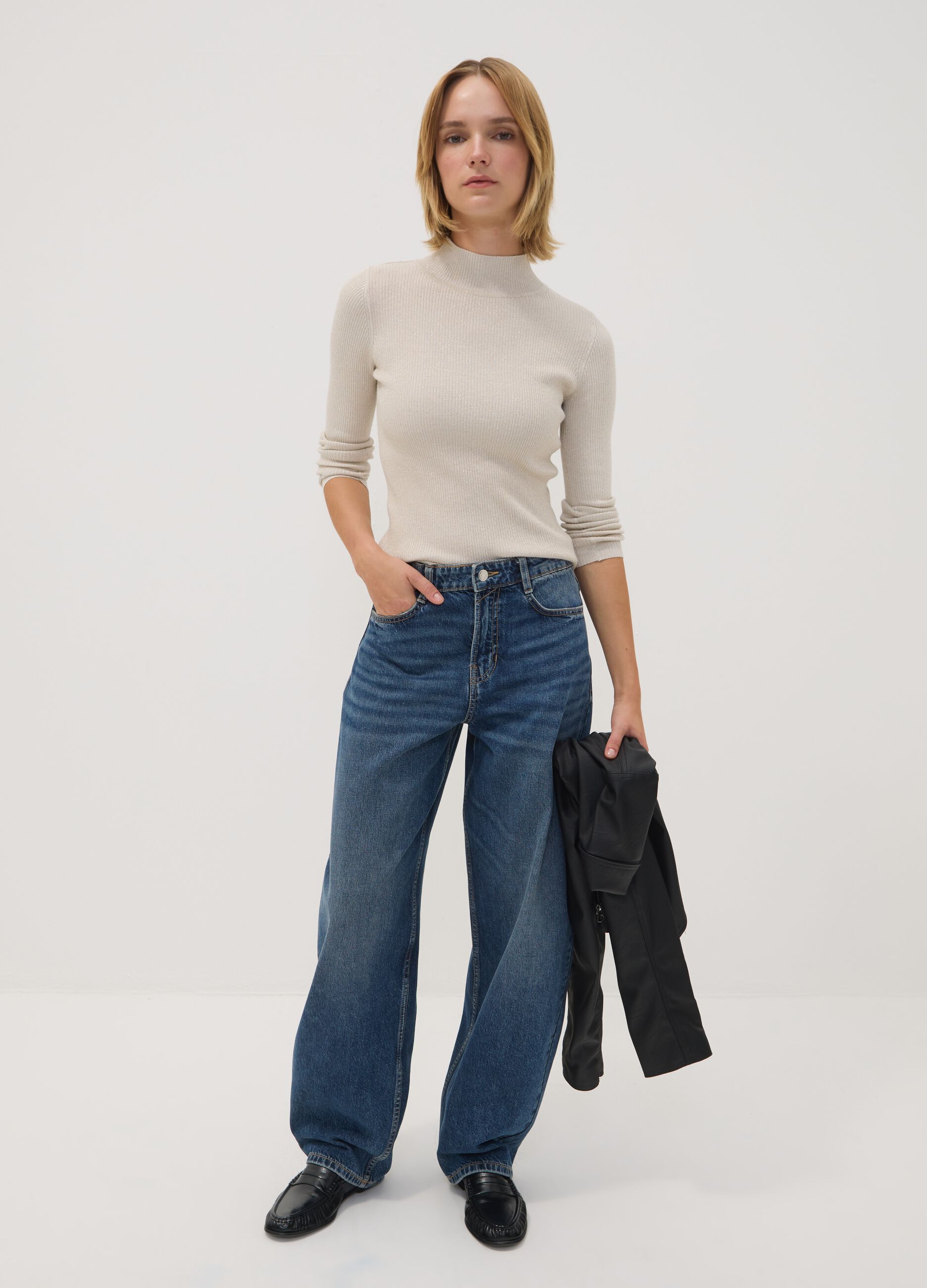 Beige ribbed viscose-blend jumper with high neck