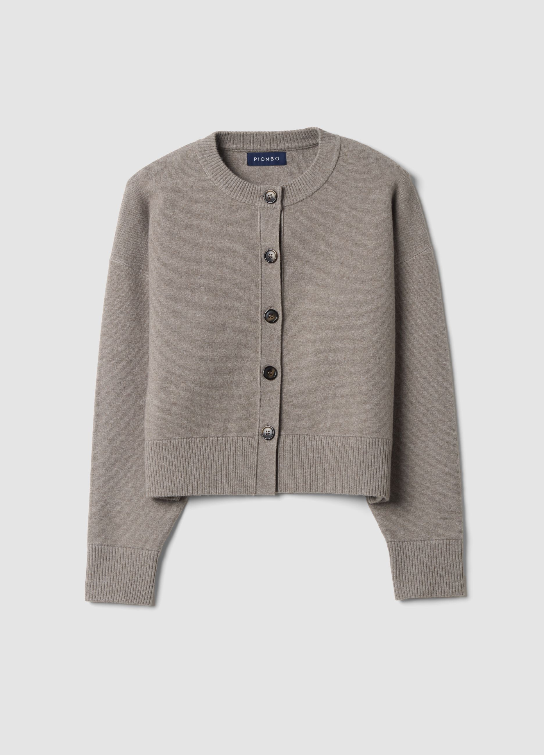 Grey stretch wool crew-neck cardigan, regular fit