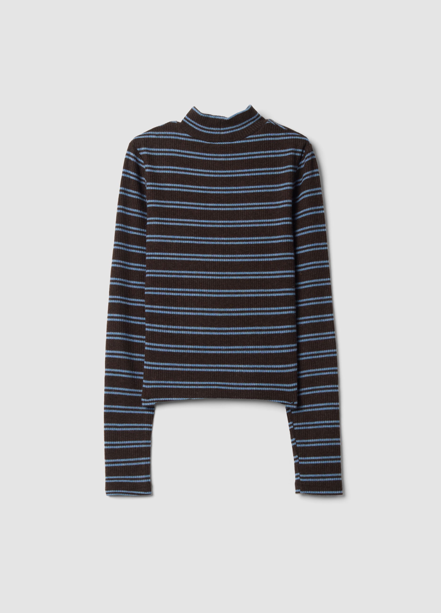 Brown striped stretch T-shirt with raised neck