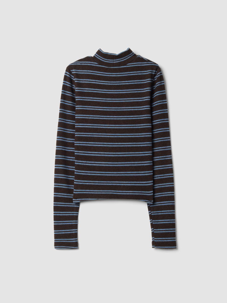 Brown striped stretch T-shirt with raised neck_2