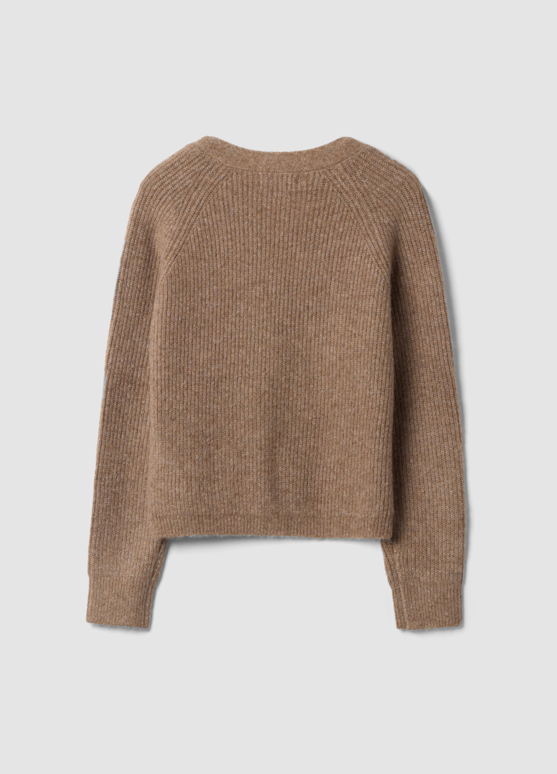 Brown stretch wool oversized cardigan with deep V-neck