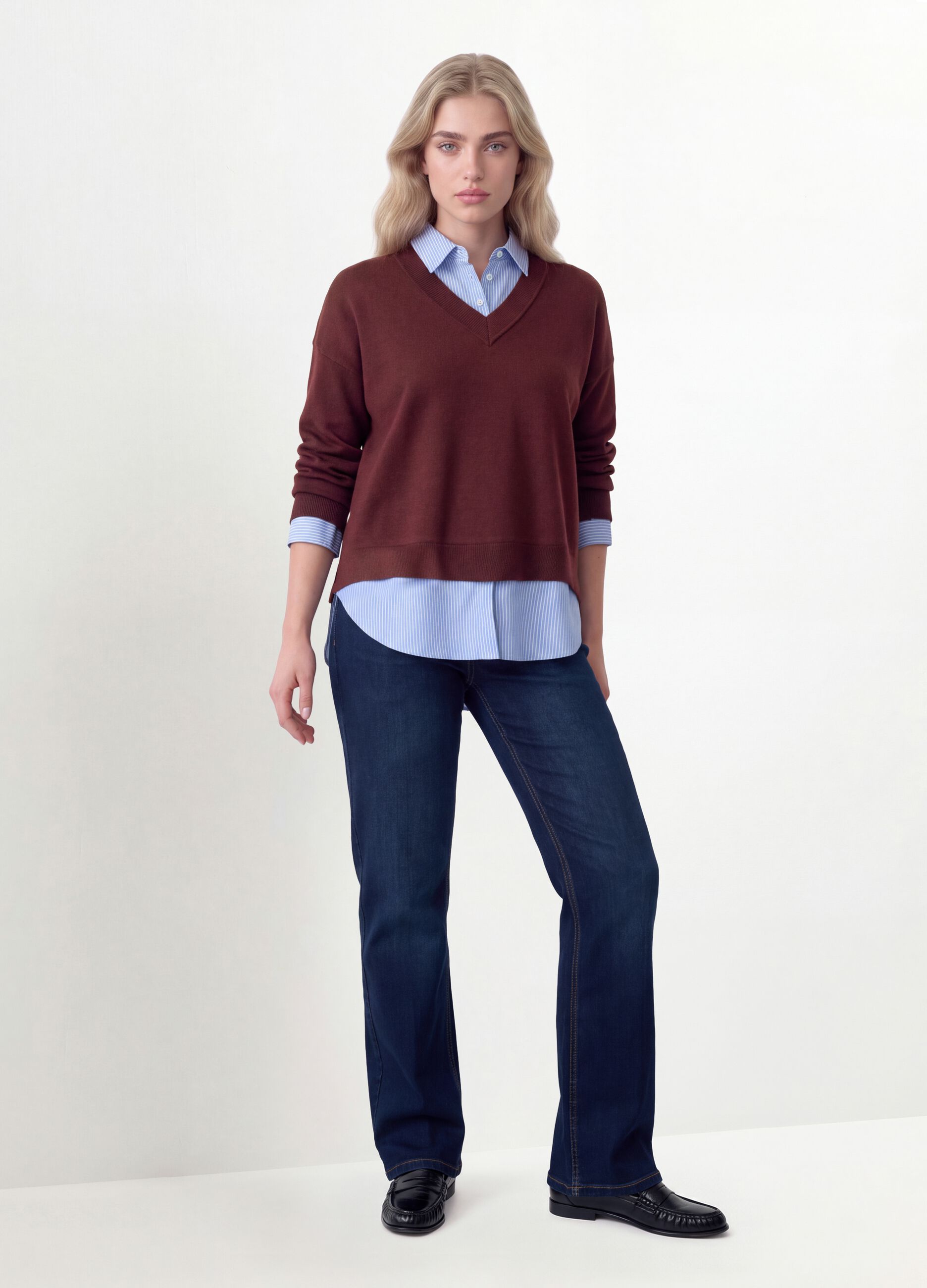Red viscose-blend top with layered-look effect